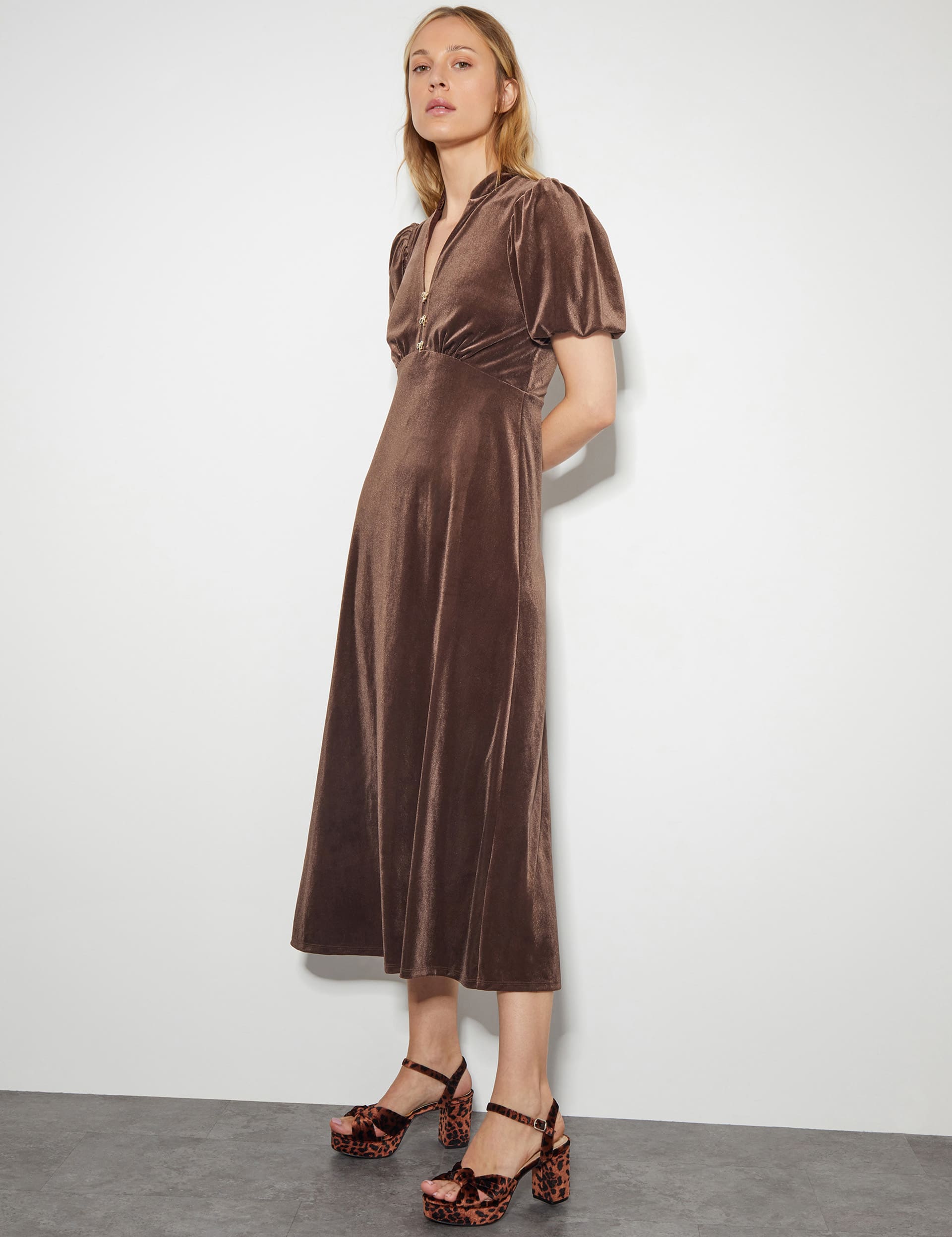 Monsoon Women's Velvet V-Neck Maxi Shift Dress - 14 - Brown, Brown