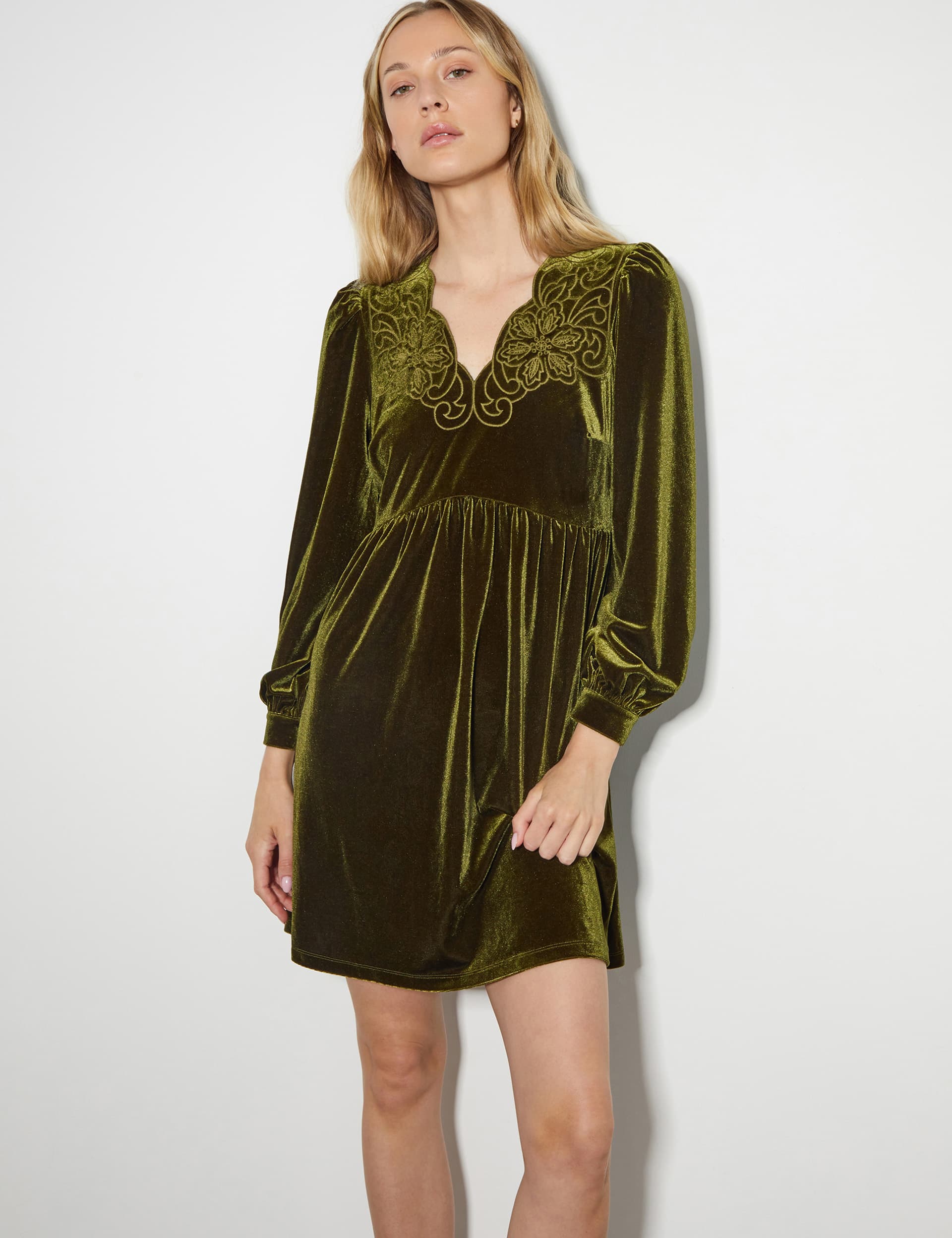 Monsoon Women's Velvet Embroidered Mini Shift Dress - Green, Green