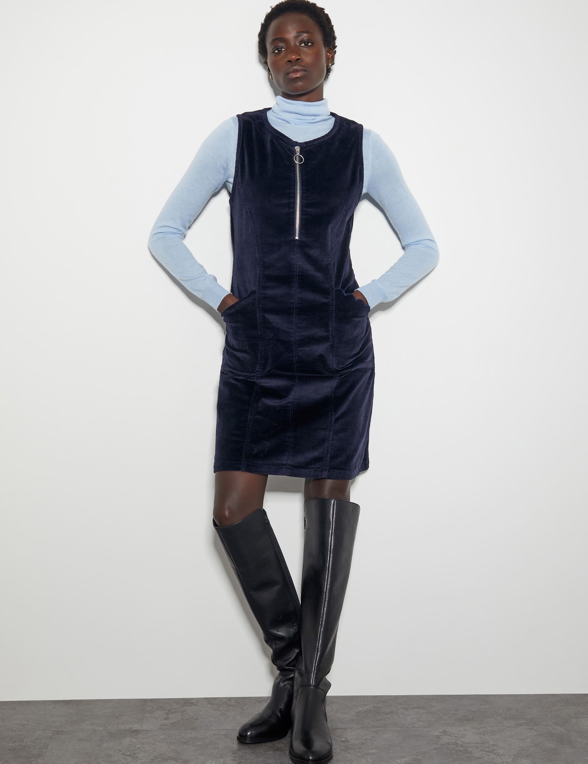 Monsoon Women's Cotton Rich Corduroy Zip Neck Pinafore Dress - L - Blue, Blue