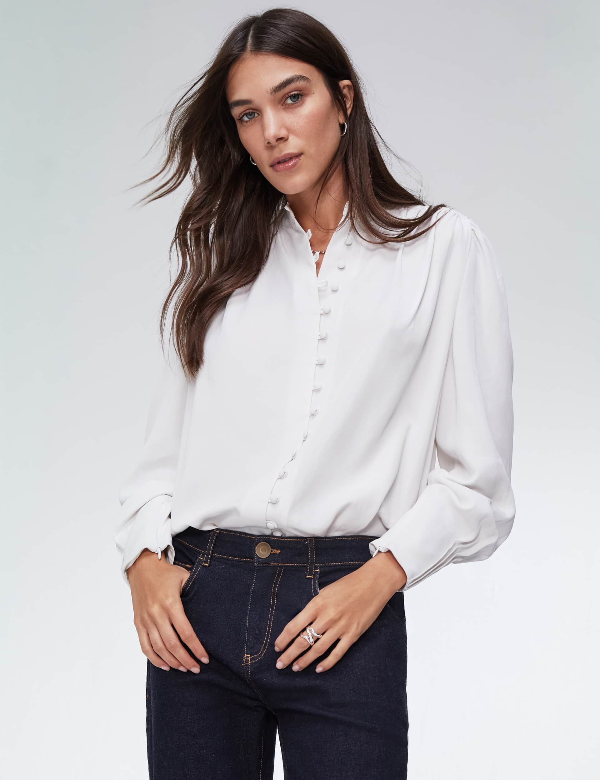 Baukjen Women's Crew Neck Button Through Puff Sleeve Blouse