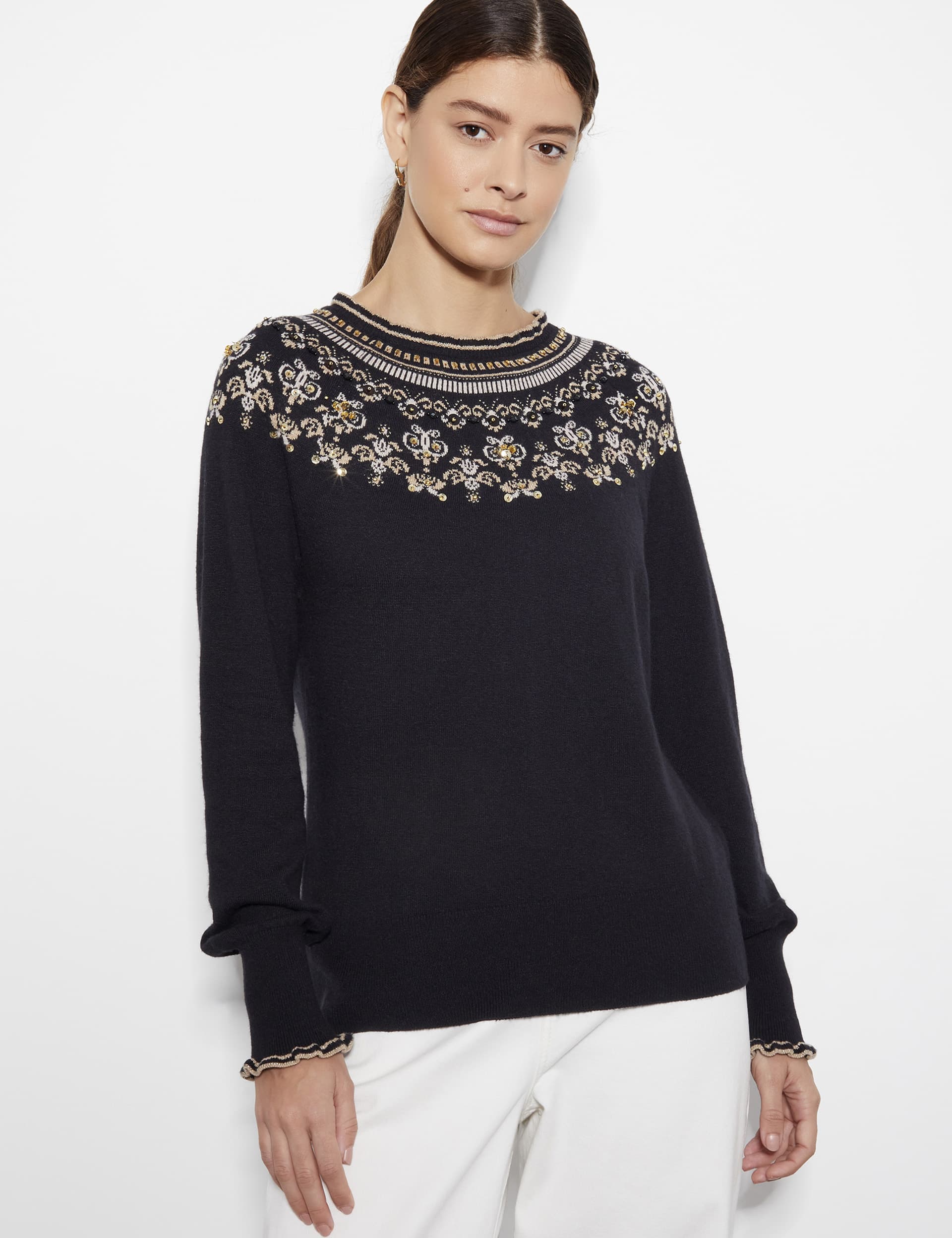 Monsoon Women's Cotton Blend Fairisle Sequin Jumper - Black, Black