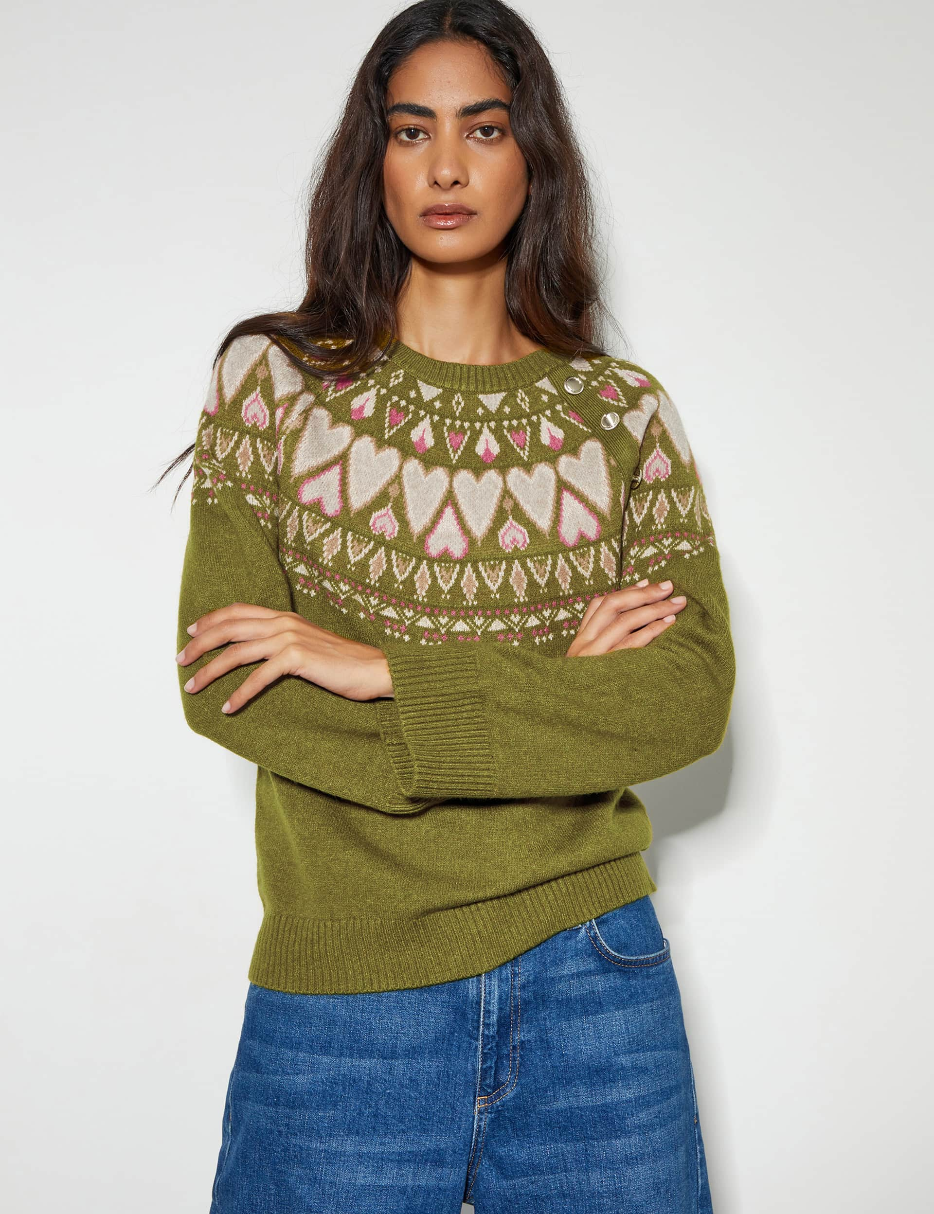 Monsoon Women's Patterned Crew Neck Button Detail Jumper - XL - Green, Green