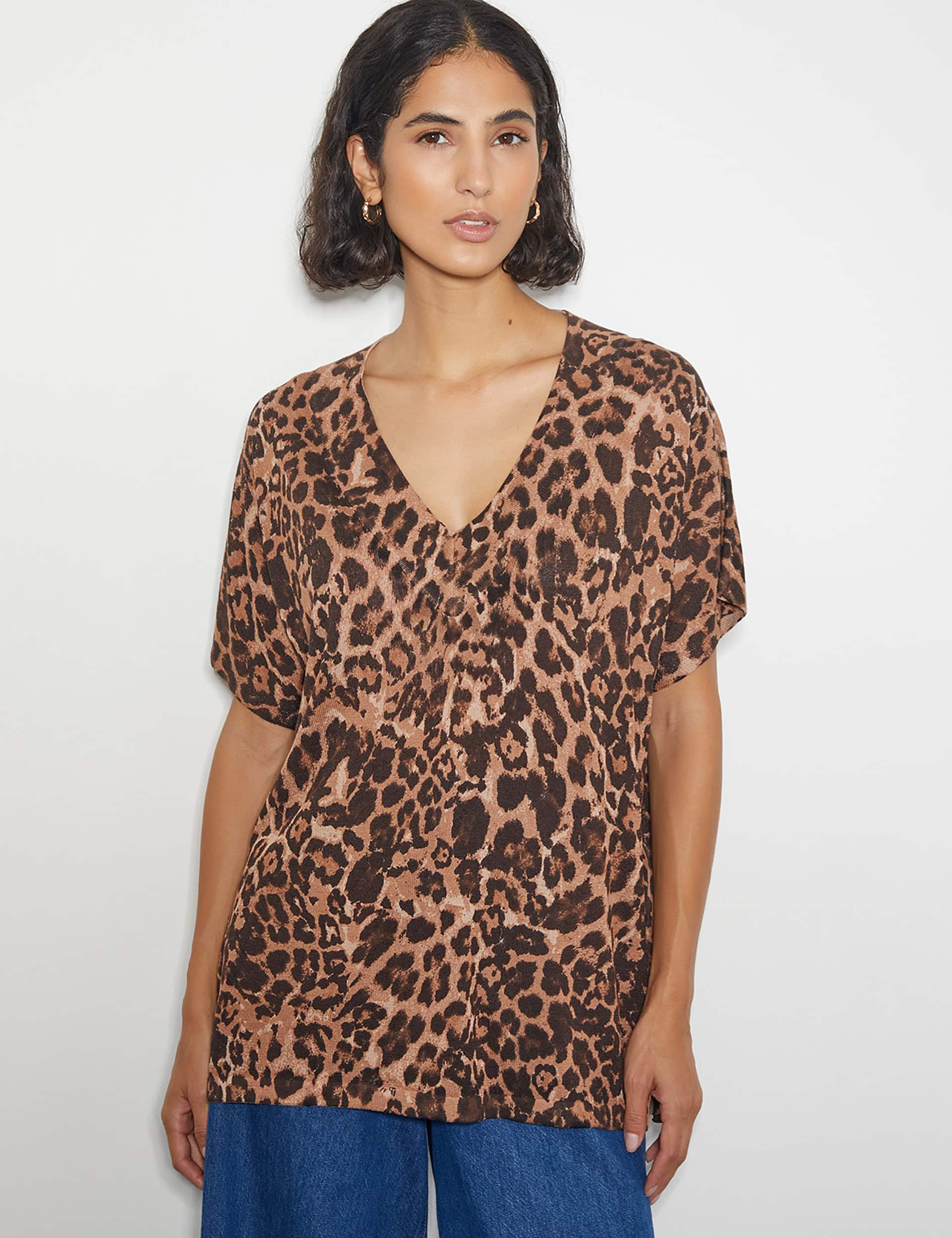 Monsoon Women's Animal Print V-Neck Jumper - S - Brown, Brown