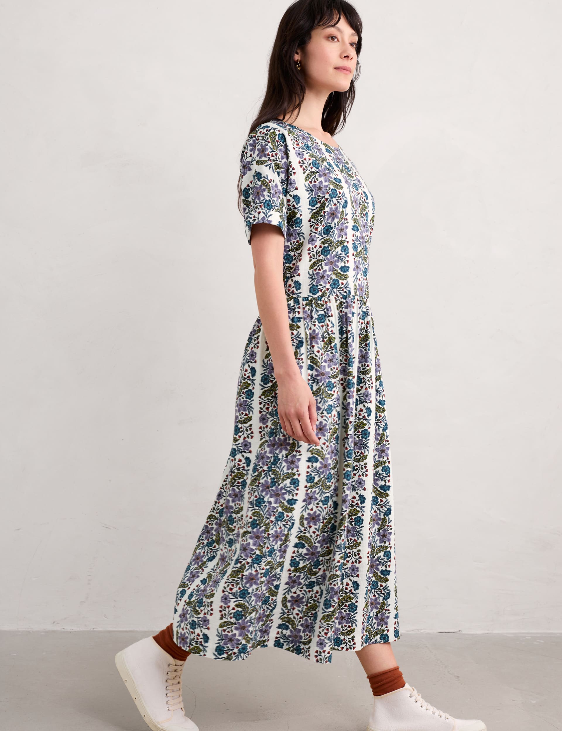 Seasalt Cornwall Women's Pure Cotton Floral Midaxi Waisted Dress - 16REG - White Mix, White Mix