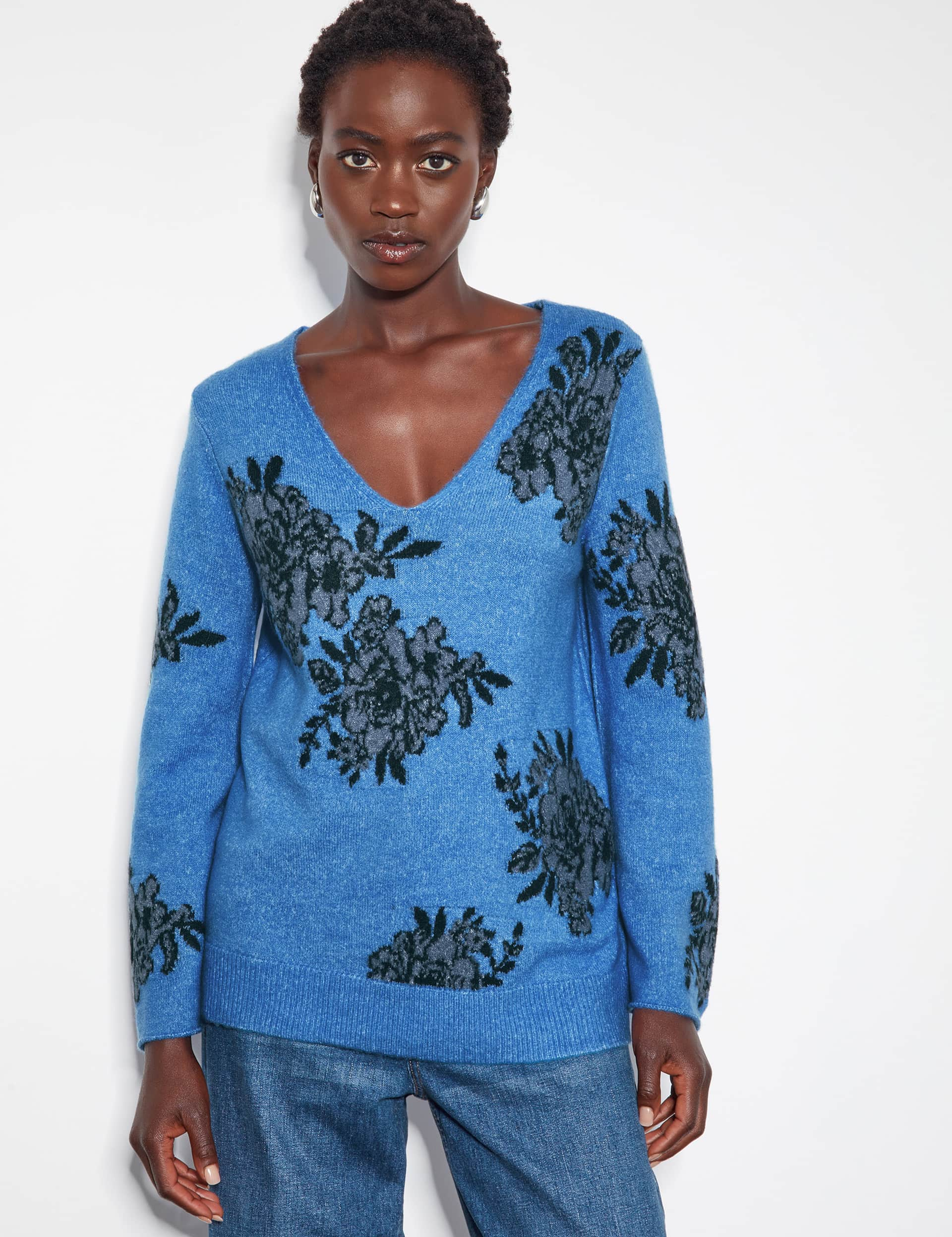 Monsoon Women's Floral Jacquard V-Neck Jumper - S - Blue, Blue