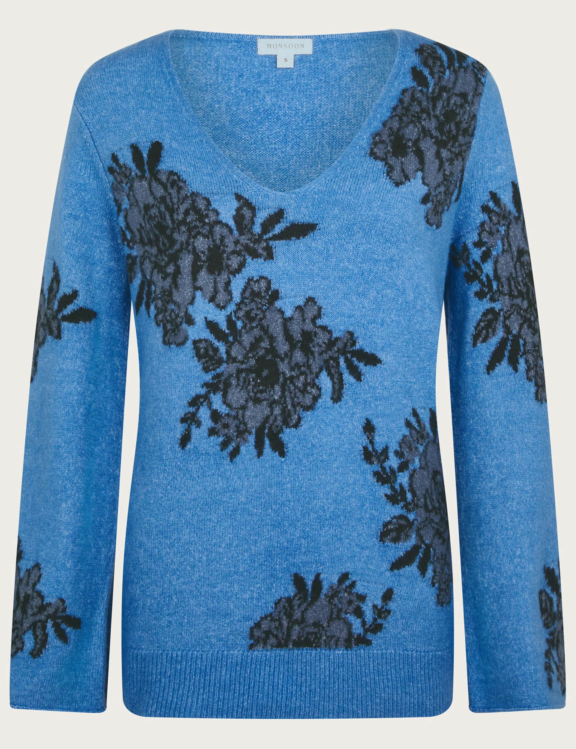 Monsoon Women's Floral Jacquard V-Neck Jumper - XXL - Blue, Blue