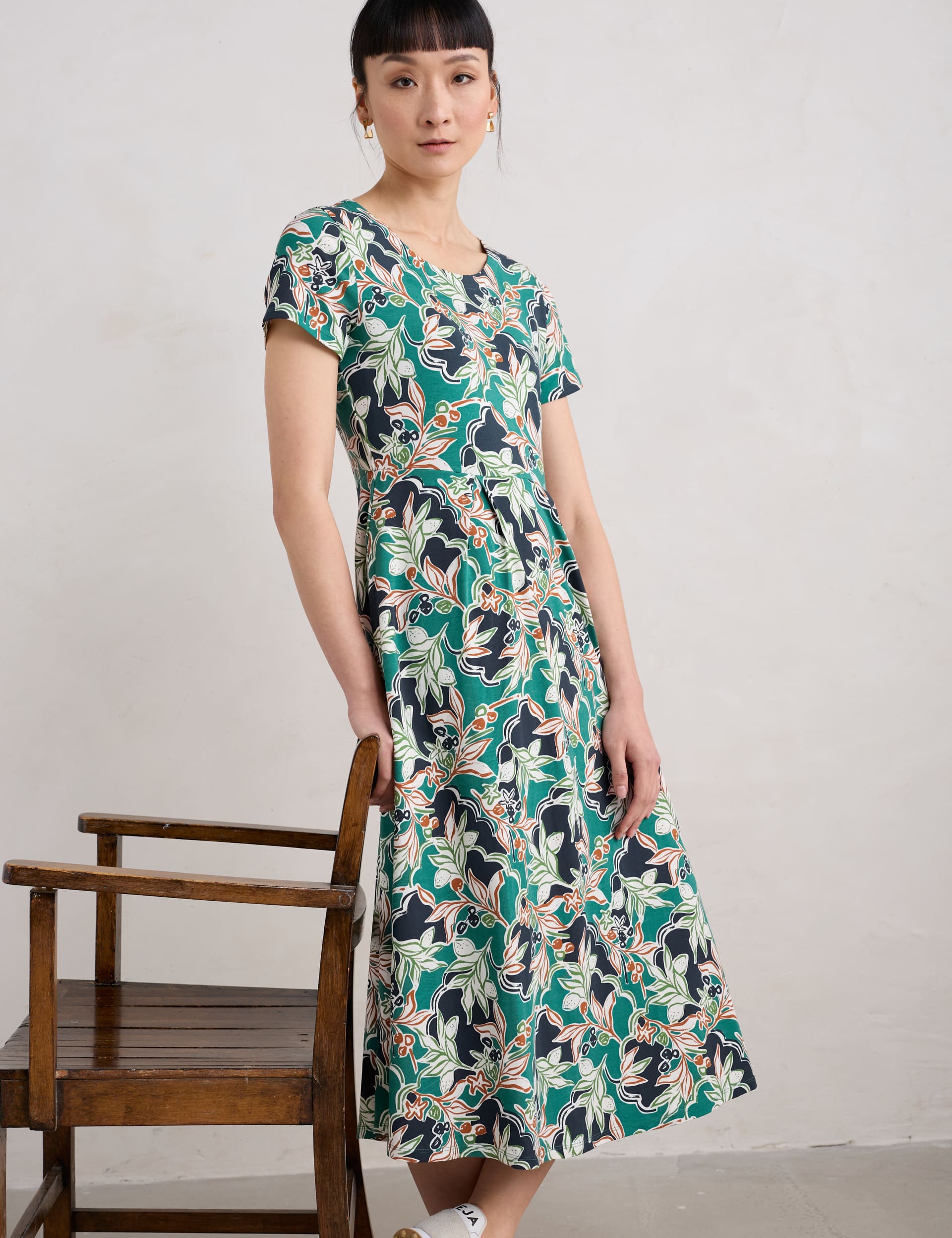 Seasalt Cornwall Women's Cotton Rich Floral Midi Waisted Dress - 16REG - Teal Mix, Teal Mix