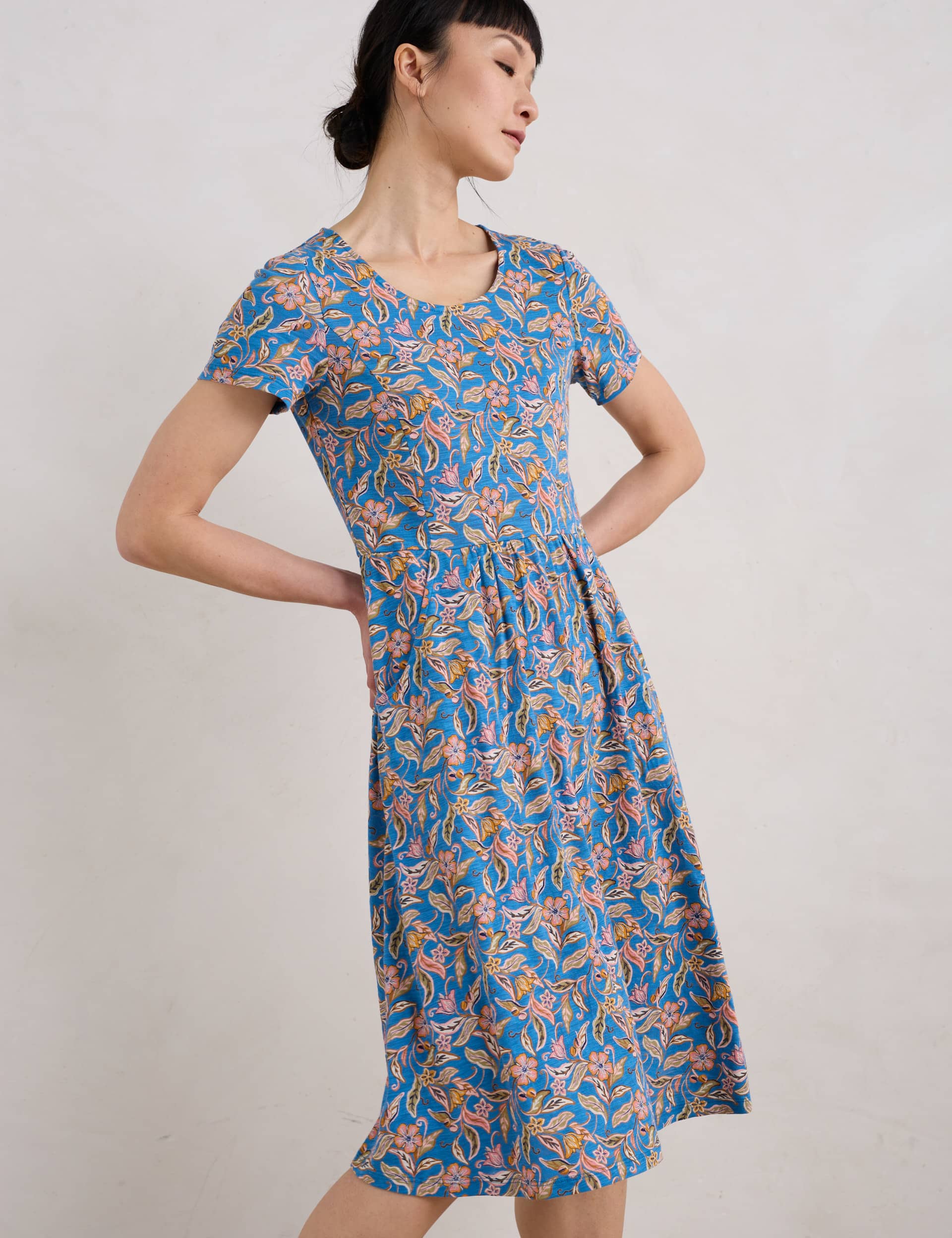 Seasalt Cornwall Women's Pure Cotton Floral Round Neck Waisted Dress - 12PET - Blue Mix, Blue Mix