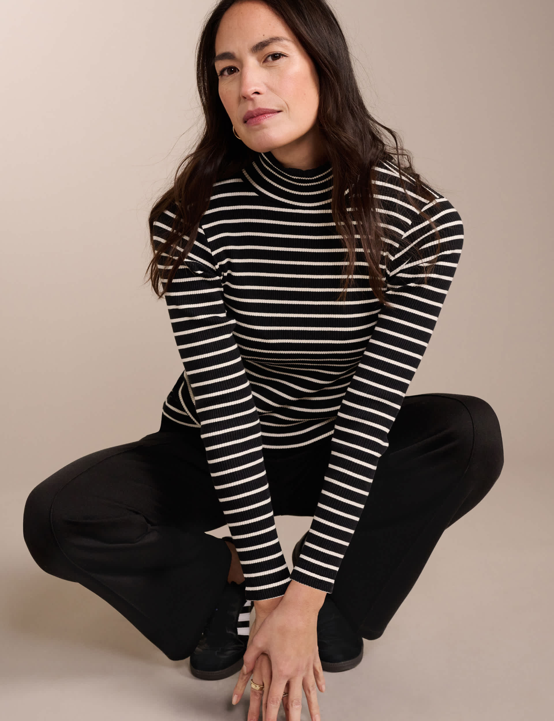 Baukjen Women's Cotton Rich Striped Funnel Neck Top