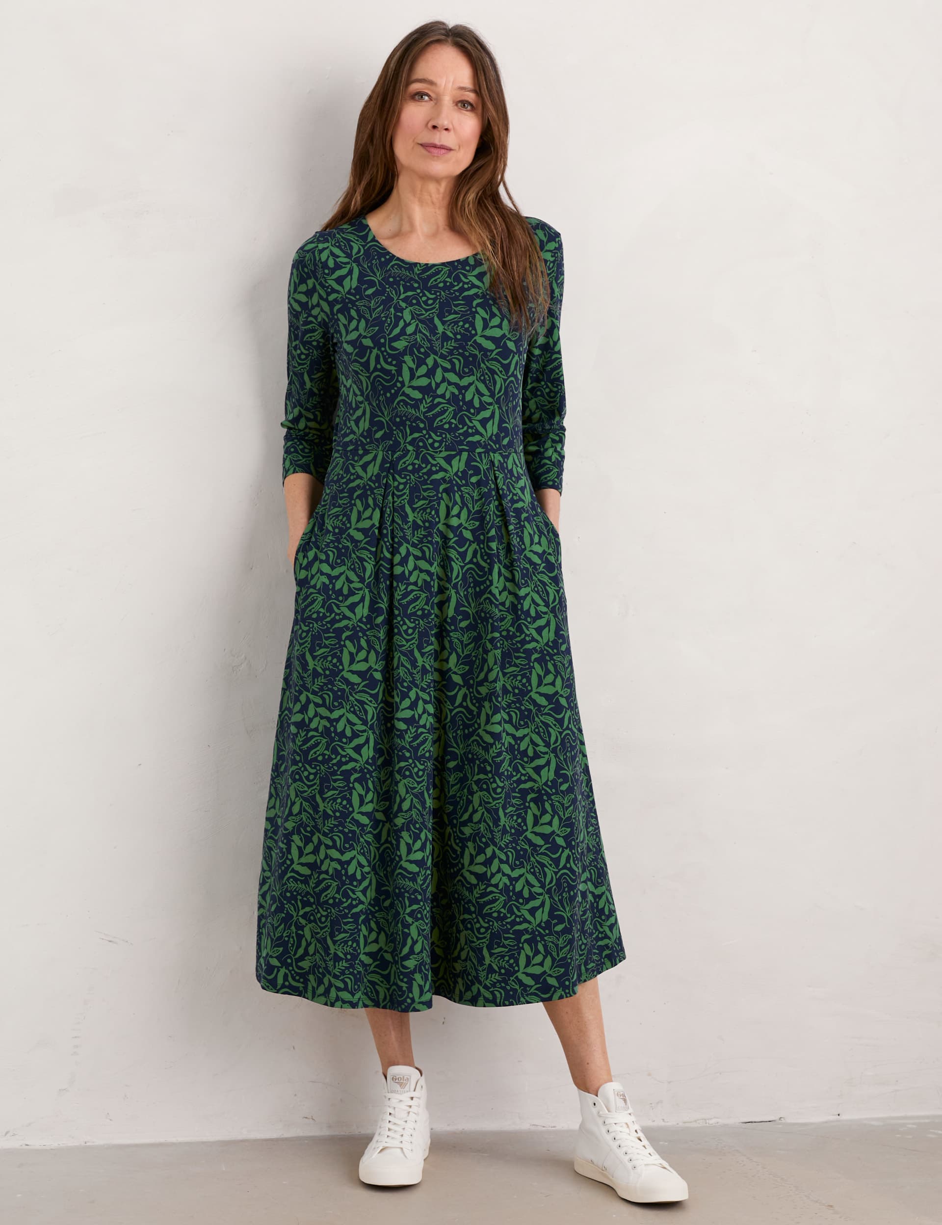 Seasalt Cornwall Women's Cotton Rich Leaf Print Midi Waisted Dress - 20REG - Navy Mix, Navy Mix