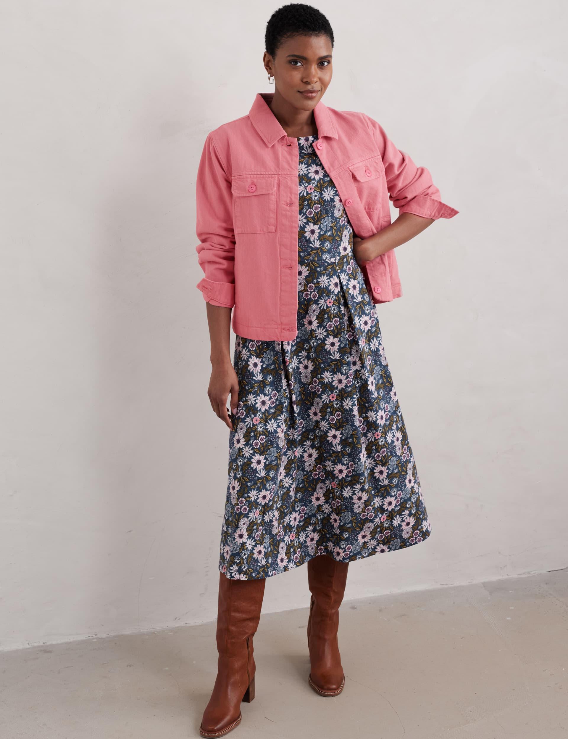 Seasalt Cornwall Women's Jersey Floral Slash Neck Midi Waisted Dress