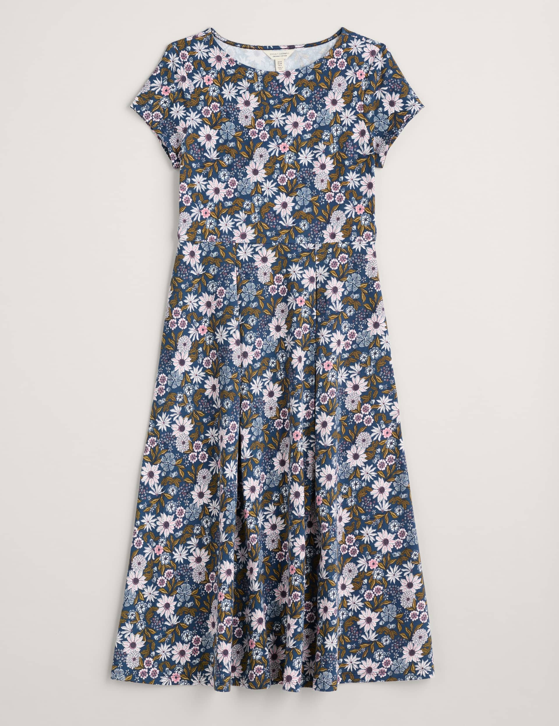 Seasalt Cornwall Women's Jersey Floral Slash Neck Midi Waisted Dress - 8PET - Navy Mix, Navy Mix