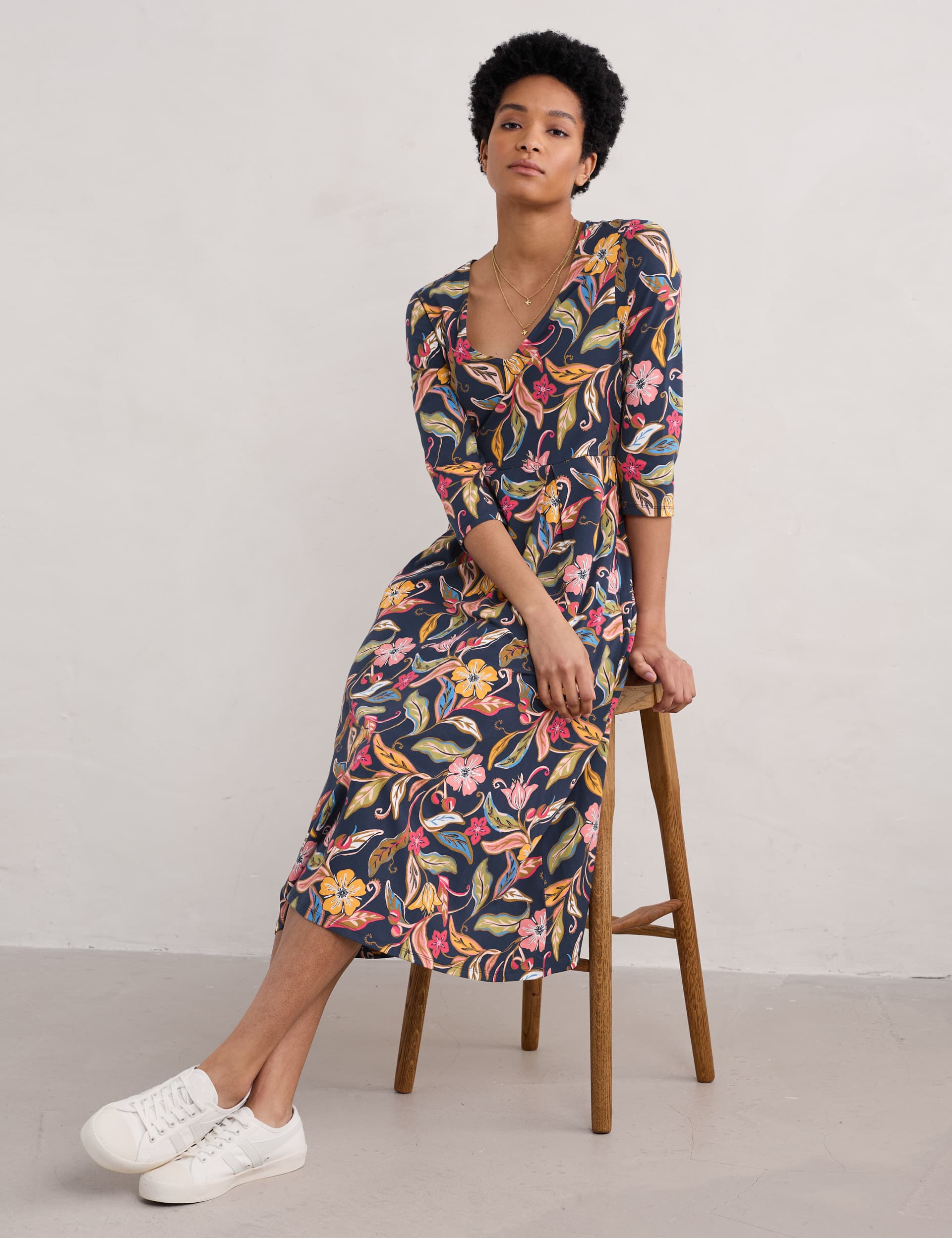 Seasalt Cornwall Women's Cotton Rich Floral Scoop Neck Midi Dress