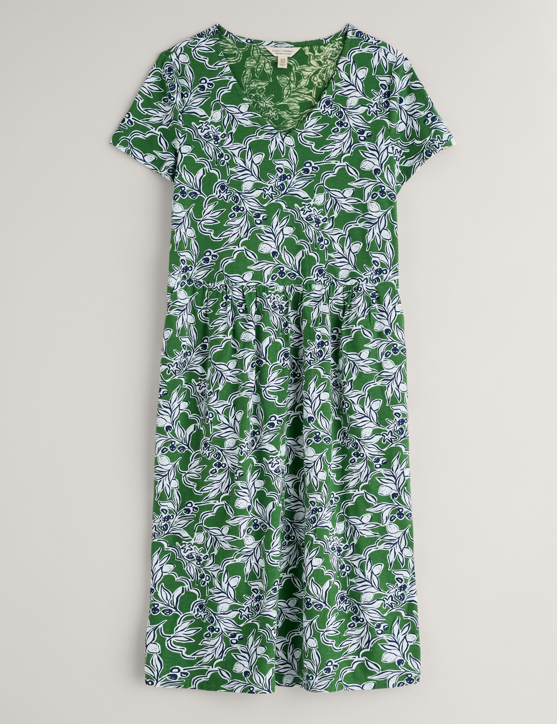 Seasalt Cornwall Women's Pure Cotton Floral V-Neck Waisted Dress - 8REG - Green Mix, Green Mix