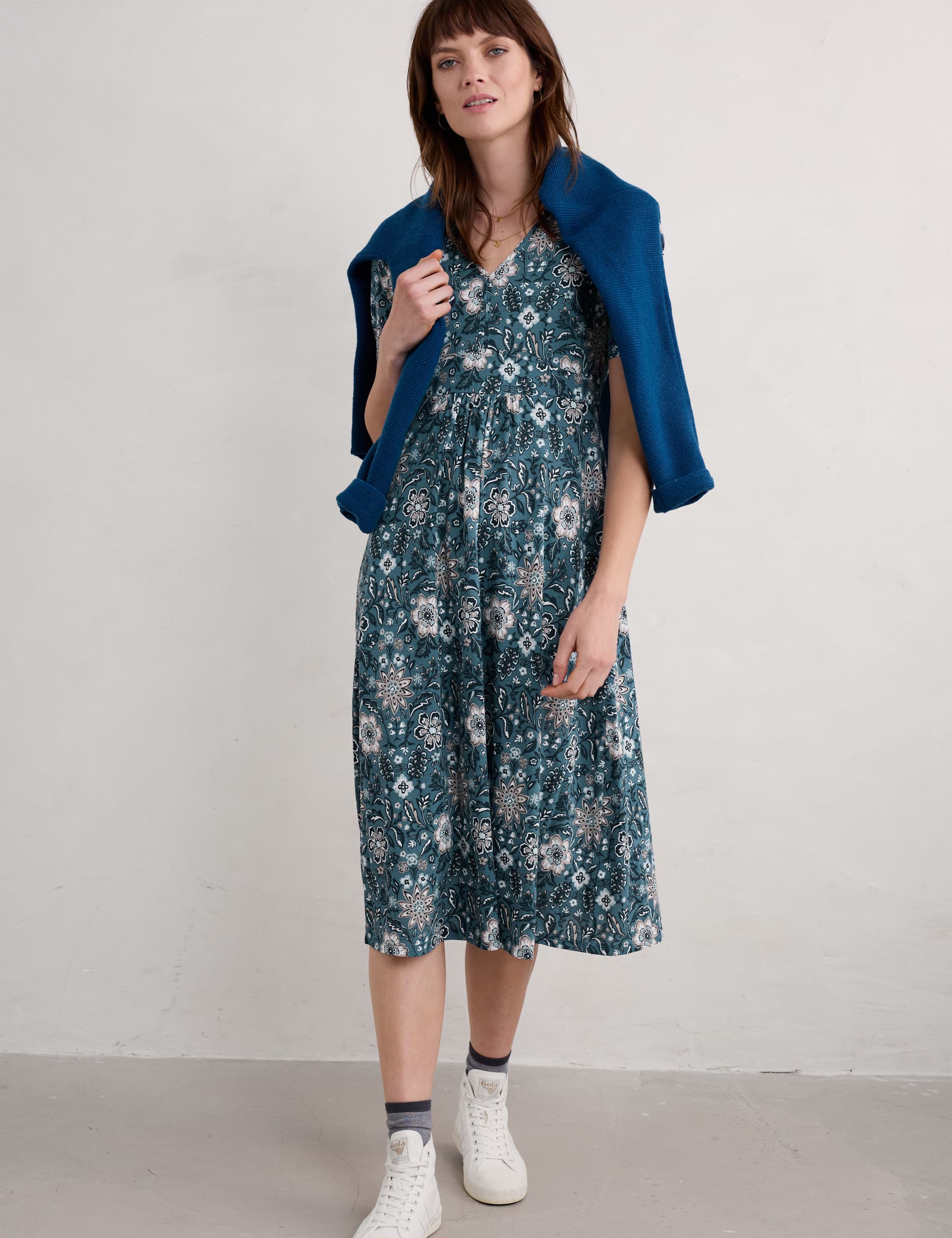 Seasalt Cornwall Women's Cotton Blend Floral V-Neck Midi Waisted Dress