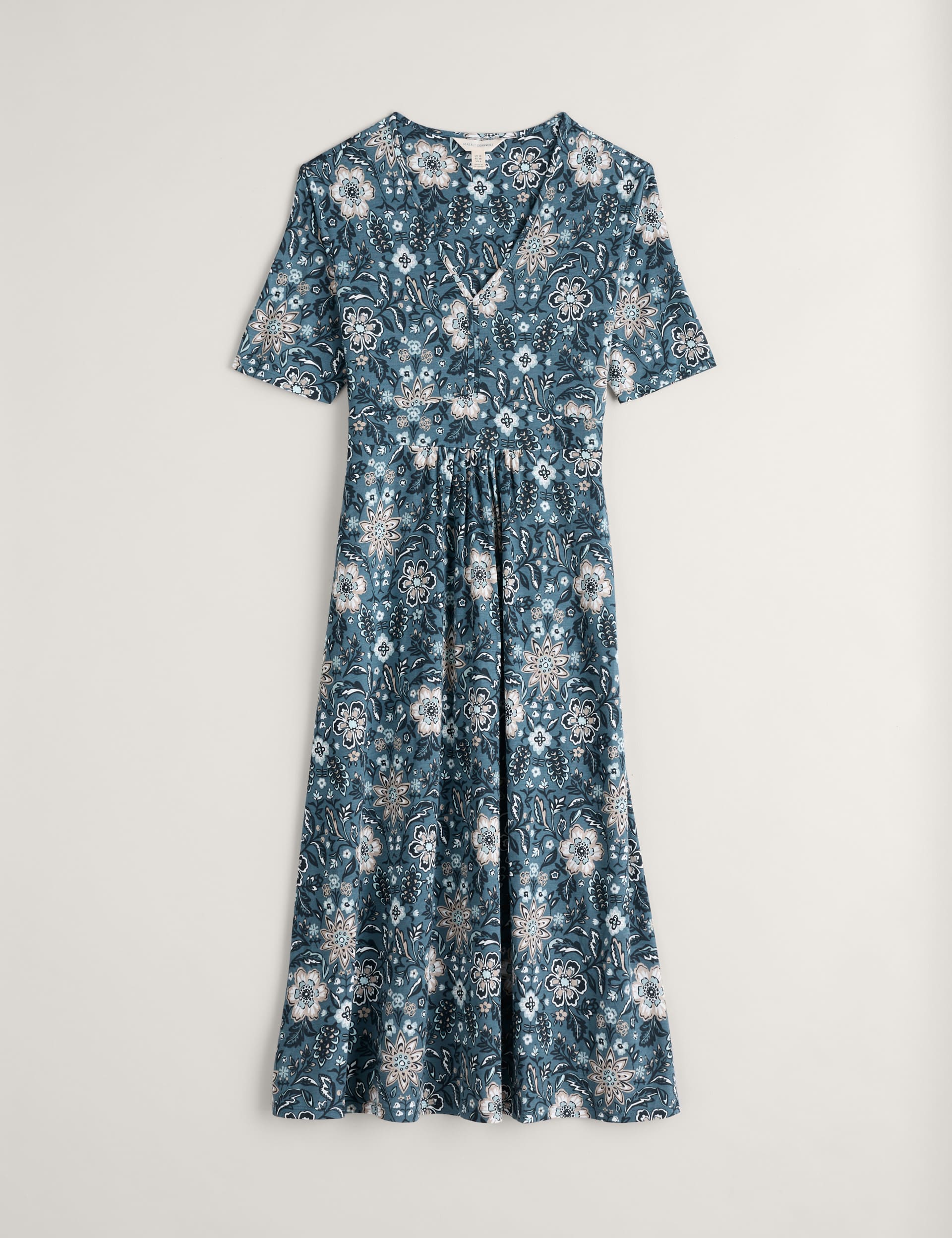 Seasalt Cornwall Women's Cotton Blend Floral V-Neck Midi Waisted Dress - 16REG - Blue Mix, Blue Mix