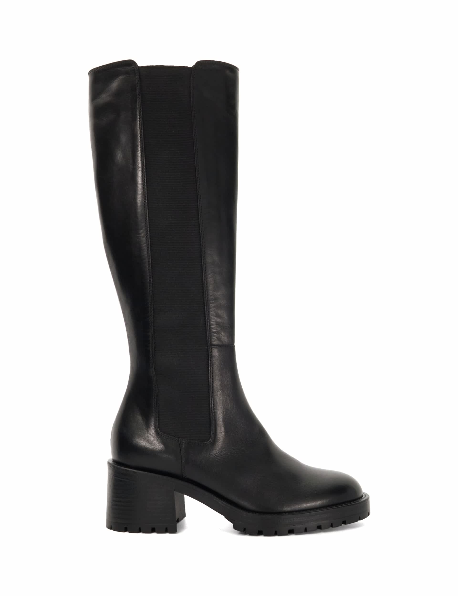 Dune London Women's Leather Block Heel Round Toe Knee High Boots - 6 - Black, Black