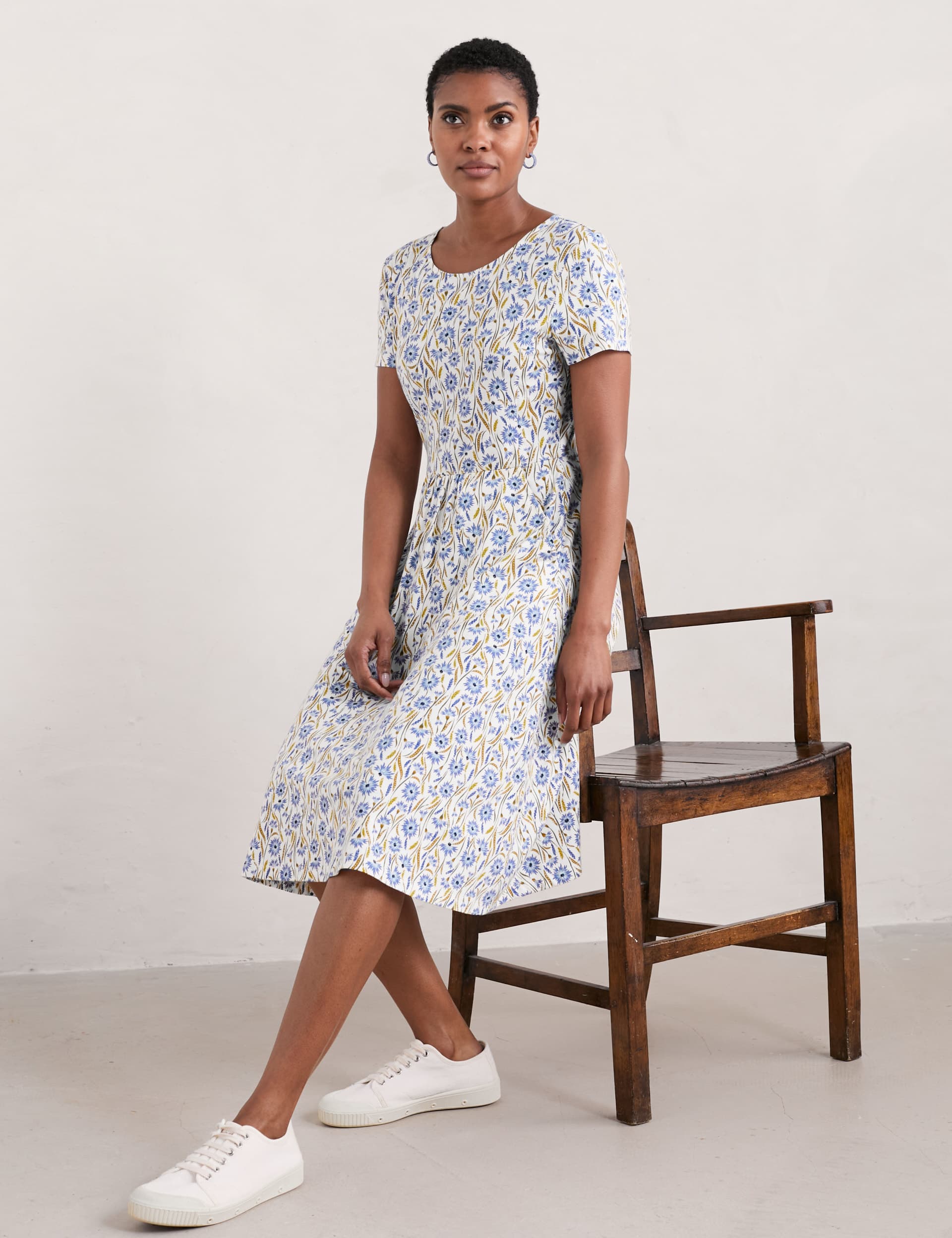 Seasalt Cornwall Women's Cotton Rich Floral Midi Waisted Dress - 16REG - Blue Mix, Blue Mix