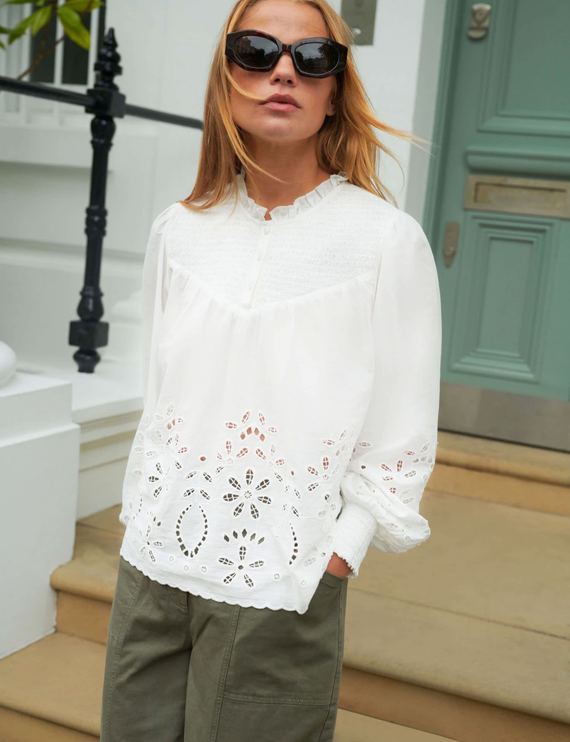 Ro&Zo Women's Pure Cotton Broderie Frill Neck Blouse