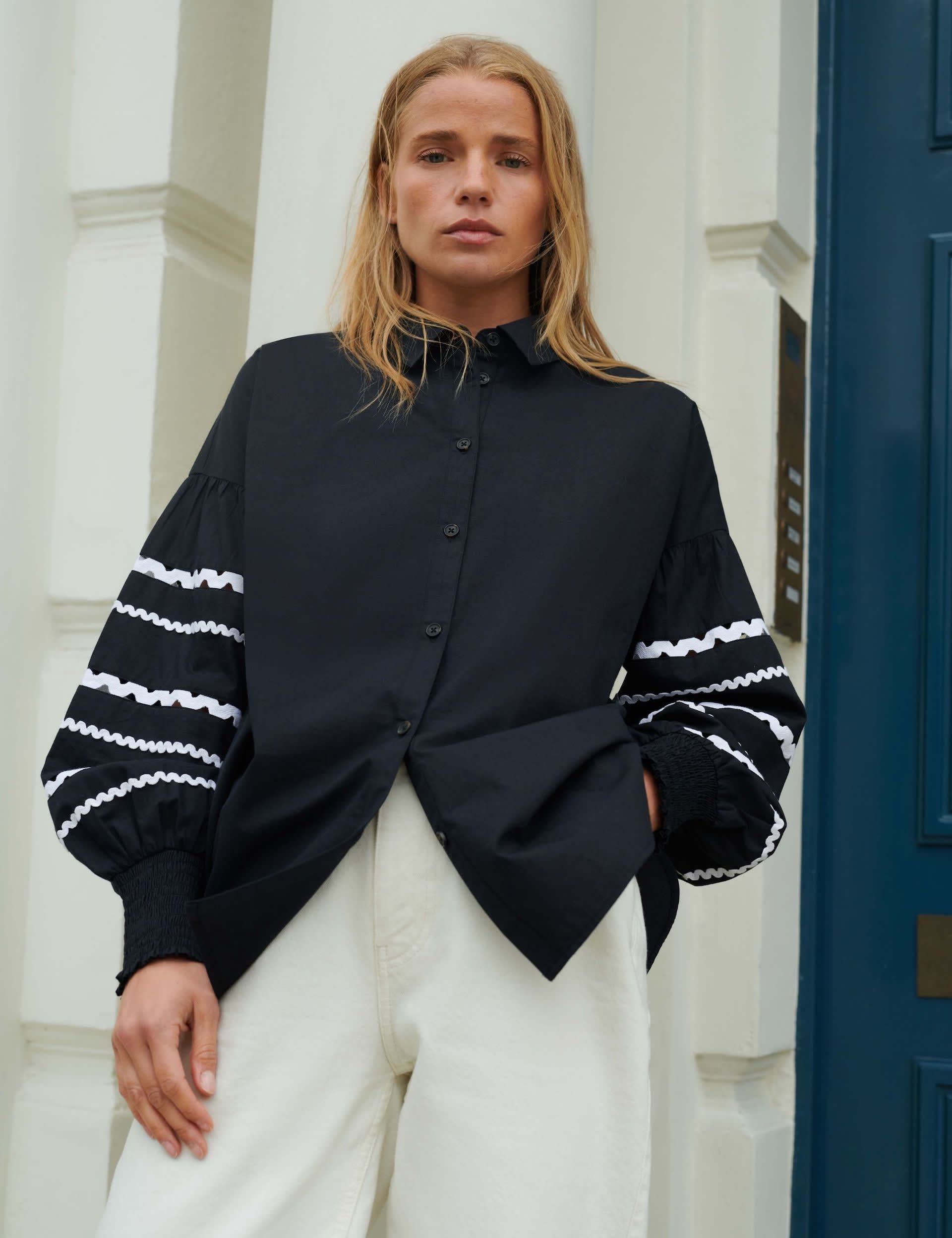 Ro&Zo Women's Pure Cotton Collared Trim Detail Blouse