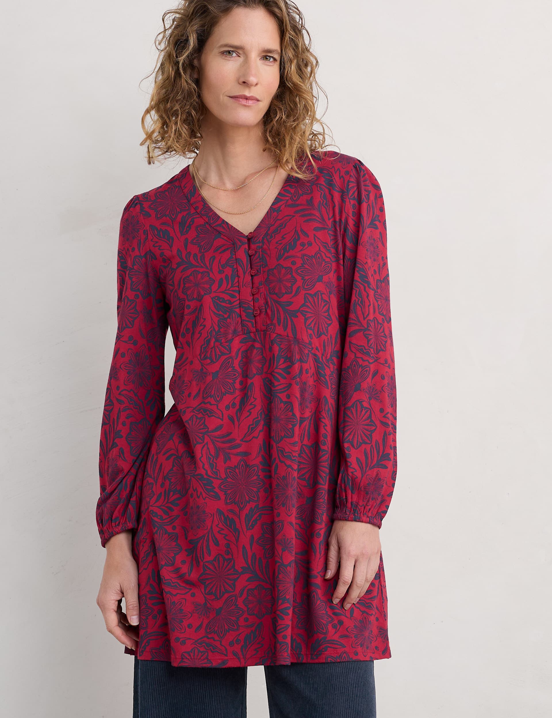 Seasalt Cornwall Women's Cotton Rich Floral V-Neck Tunic - 12 - Red Mix, Red Mix