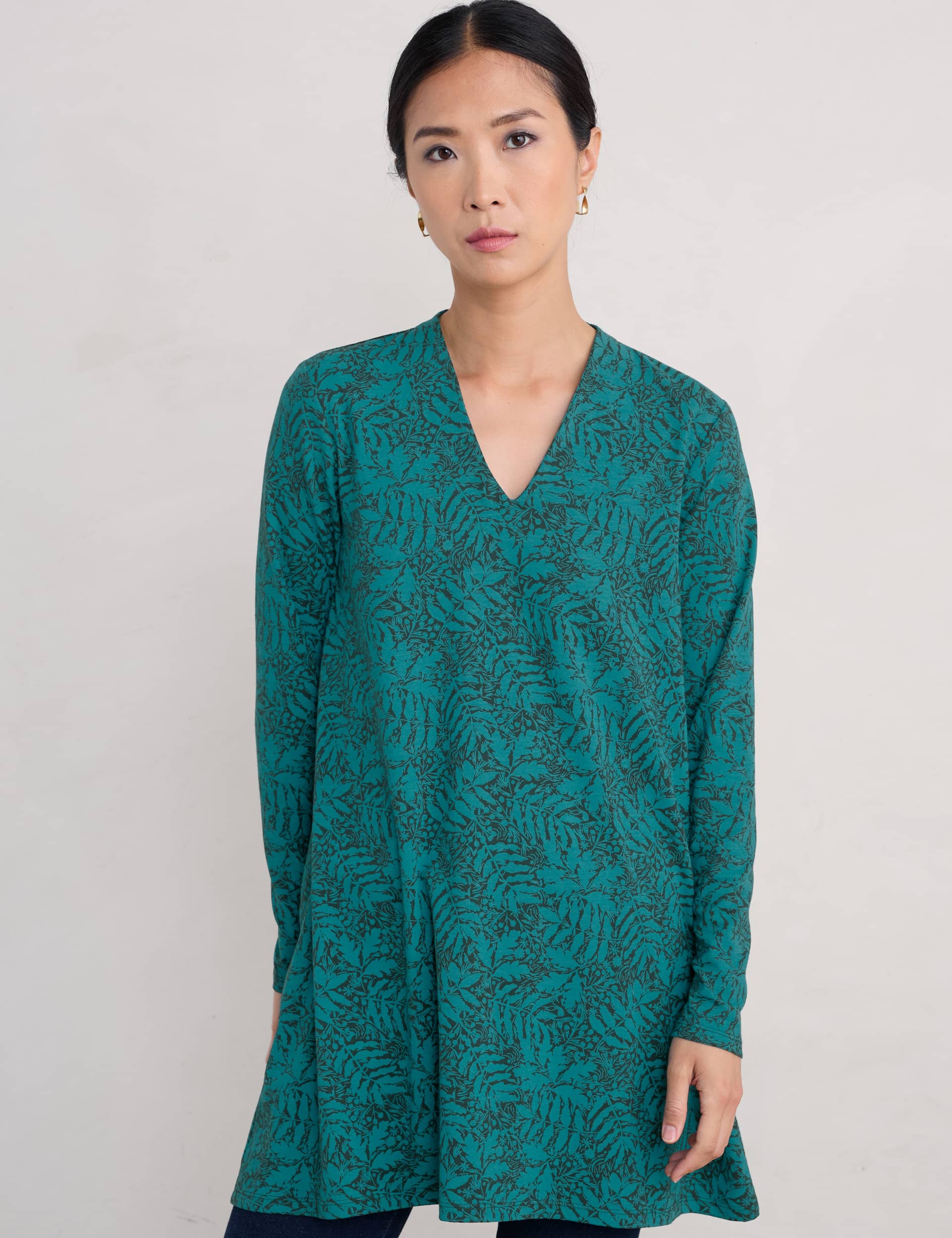 Seasalt Cornwall Women's Cotton Rich Printed V-Neck Tunic - 12 - Green Mix, Green Mix