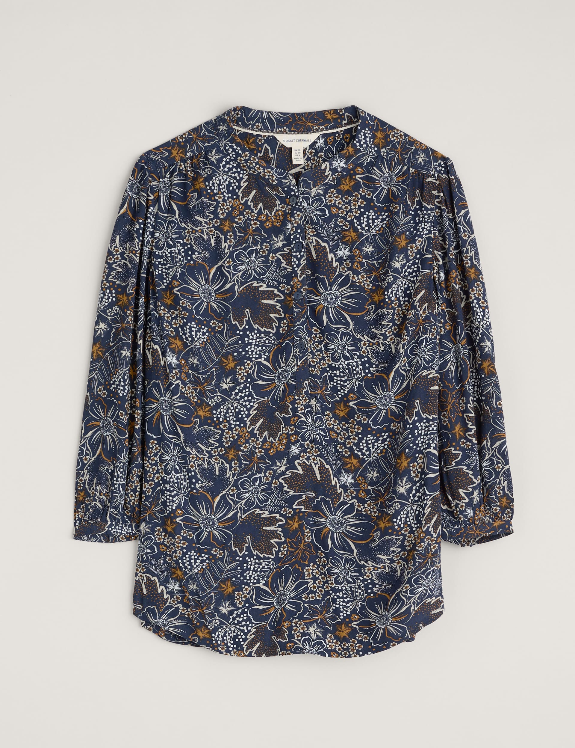 Seasalt Cornwall Women's Floral Collarless Blouson Sleeve Shirt - 14 - Navy Mix, Navy Mix