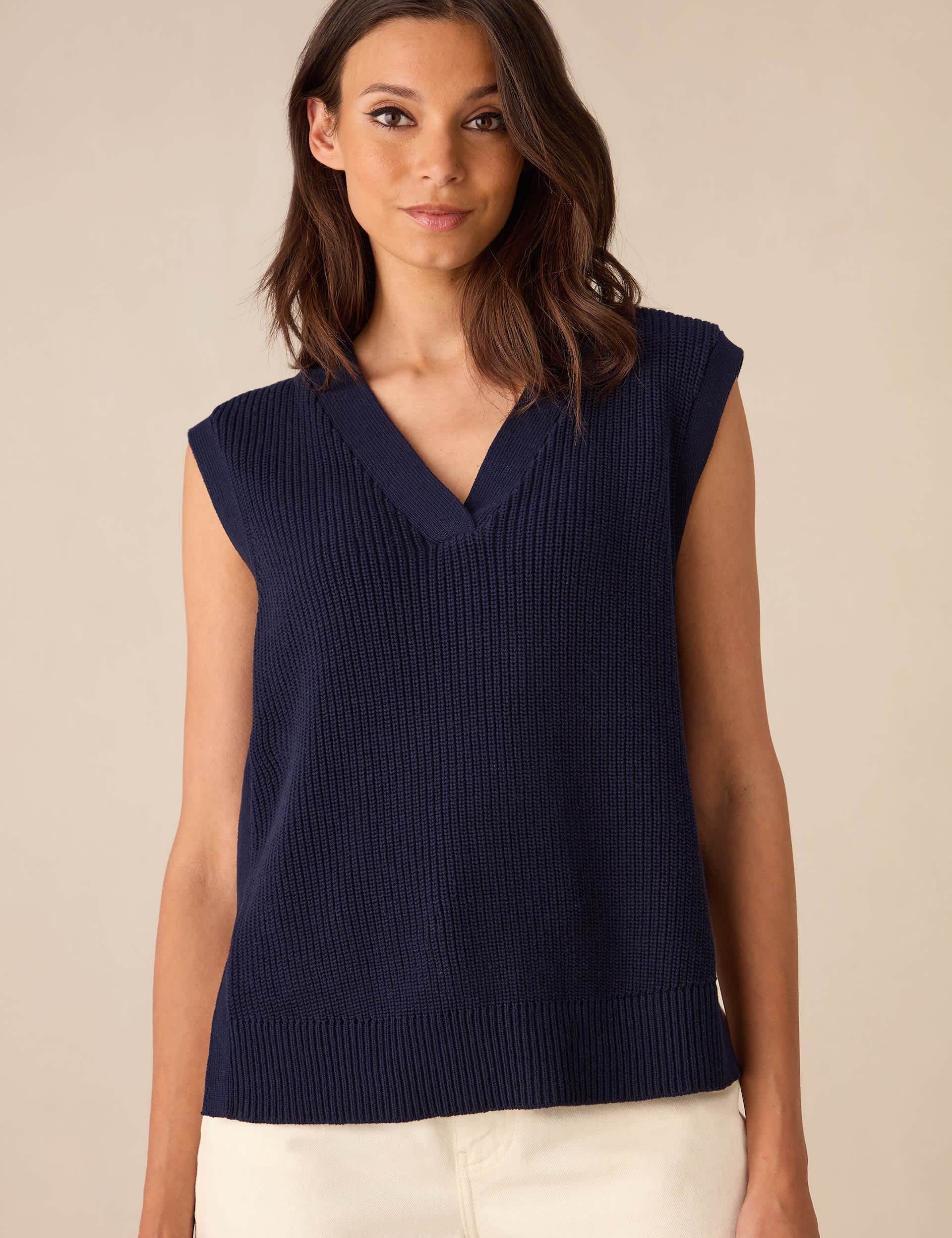 Ro&Zo Women's Pure Cotton V-Neck Relaxed Knitted Vest - SREG - Navy, Black Mix,Navy