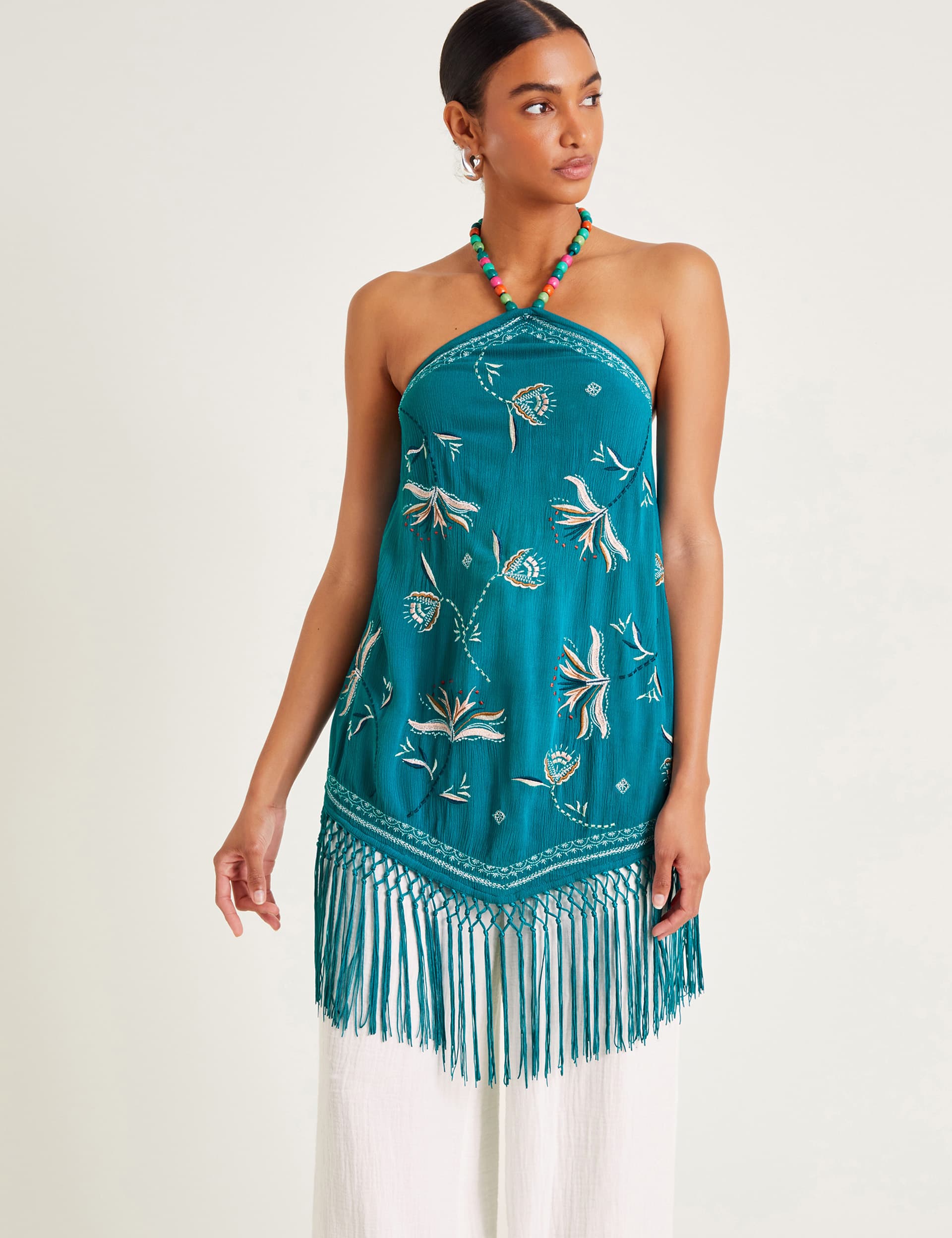 Monsoon Women's Crepe Embroidered Halter Neck Tassel Top - Teal Mix, Teal Mix