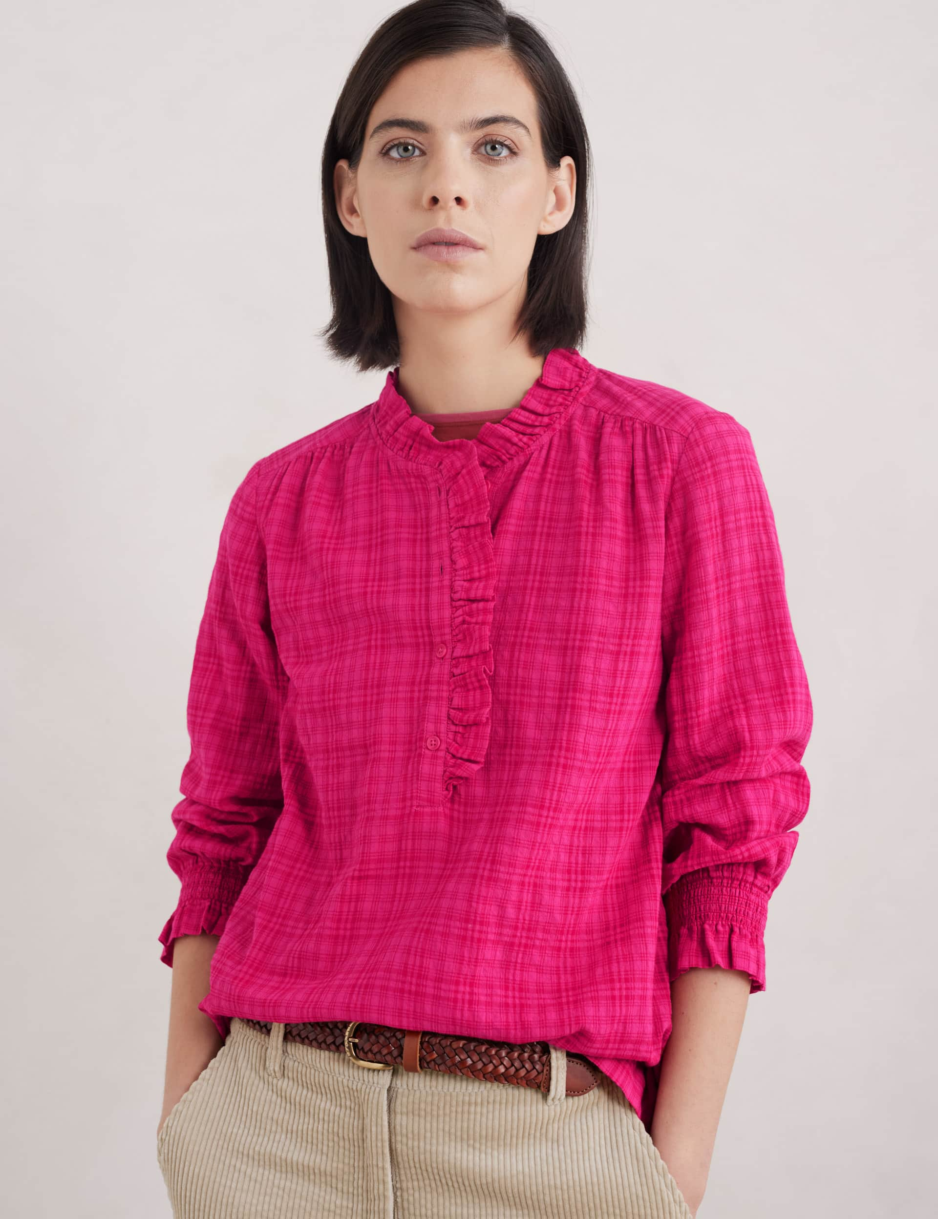 Seasalt Cornwall Women's Cotton Rich Checked Frill Detail Shirt - 12 - Pink, Pink