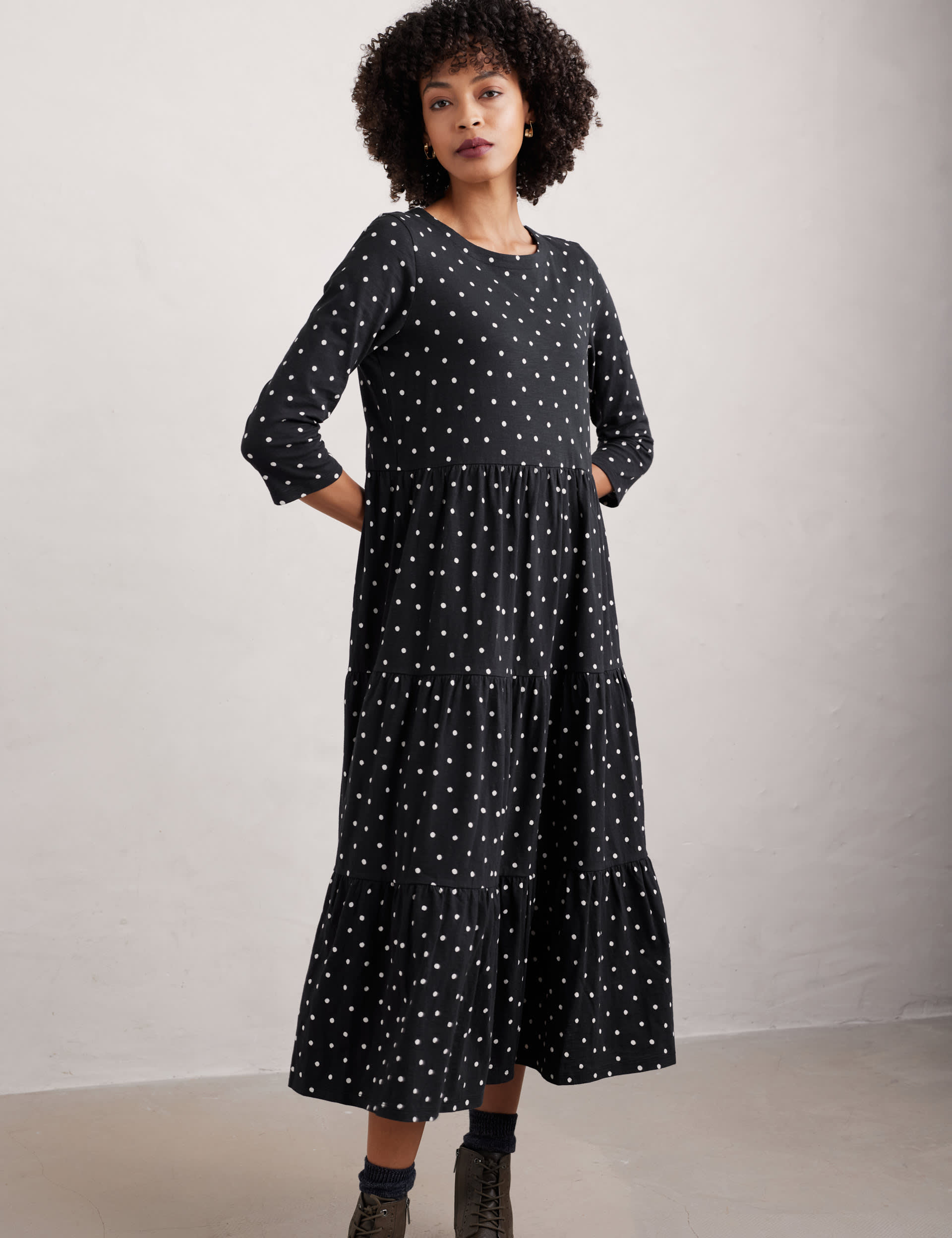 Seasalt Cornwall Women's Pure Cotton Polka Dot Maxi Tiered Dress - 14 - Black Mix, Black Mix