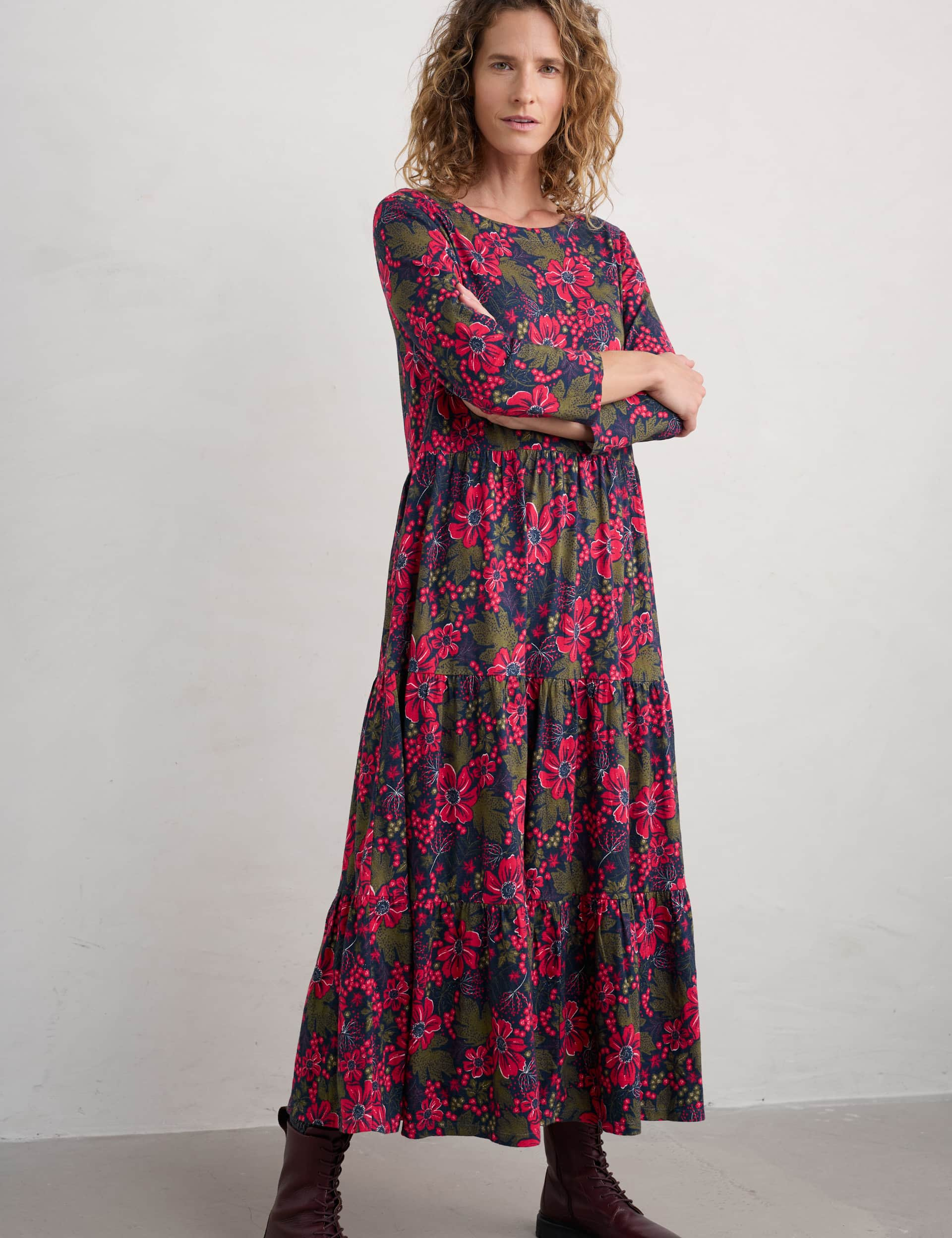 Seasalt Cornwall Women's Pure Cotton Jersey Floral Tiered Midaxi Dress - 14REG - Red Mix, Red Mix