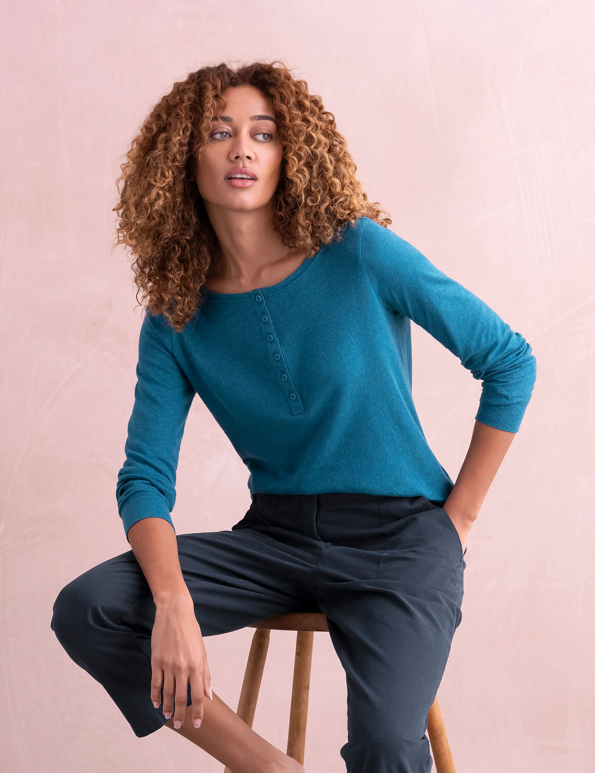 Celtic & Co. Women's Linen Blend Henley Top - 10 - Teal Green, Teal Green