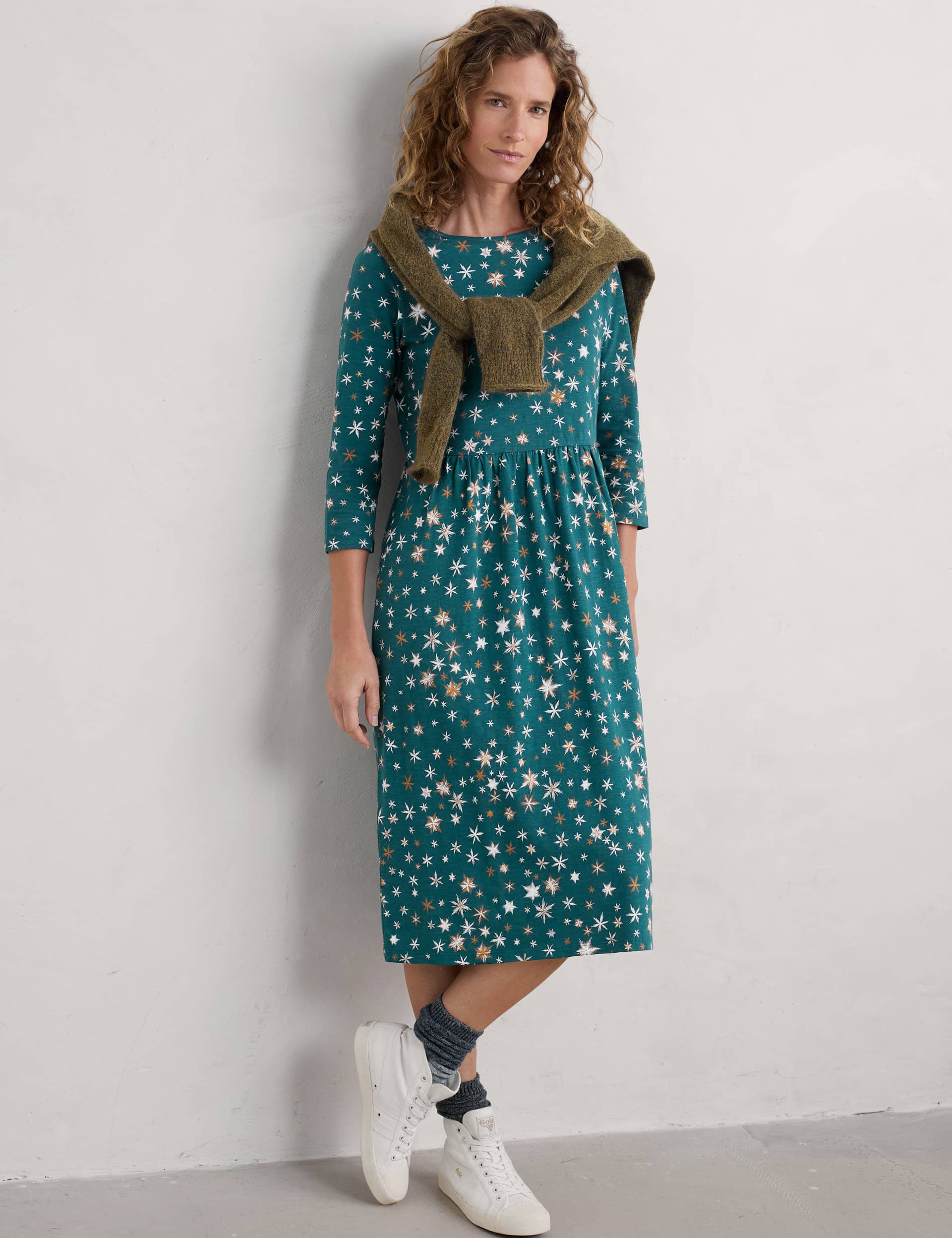 Seasalt Cornwall Women's Pure Cotton Star Print Midi Skater Dress - 14REG - Teal Mix, Teal Mix