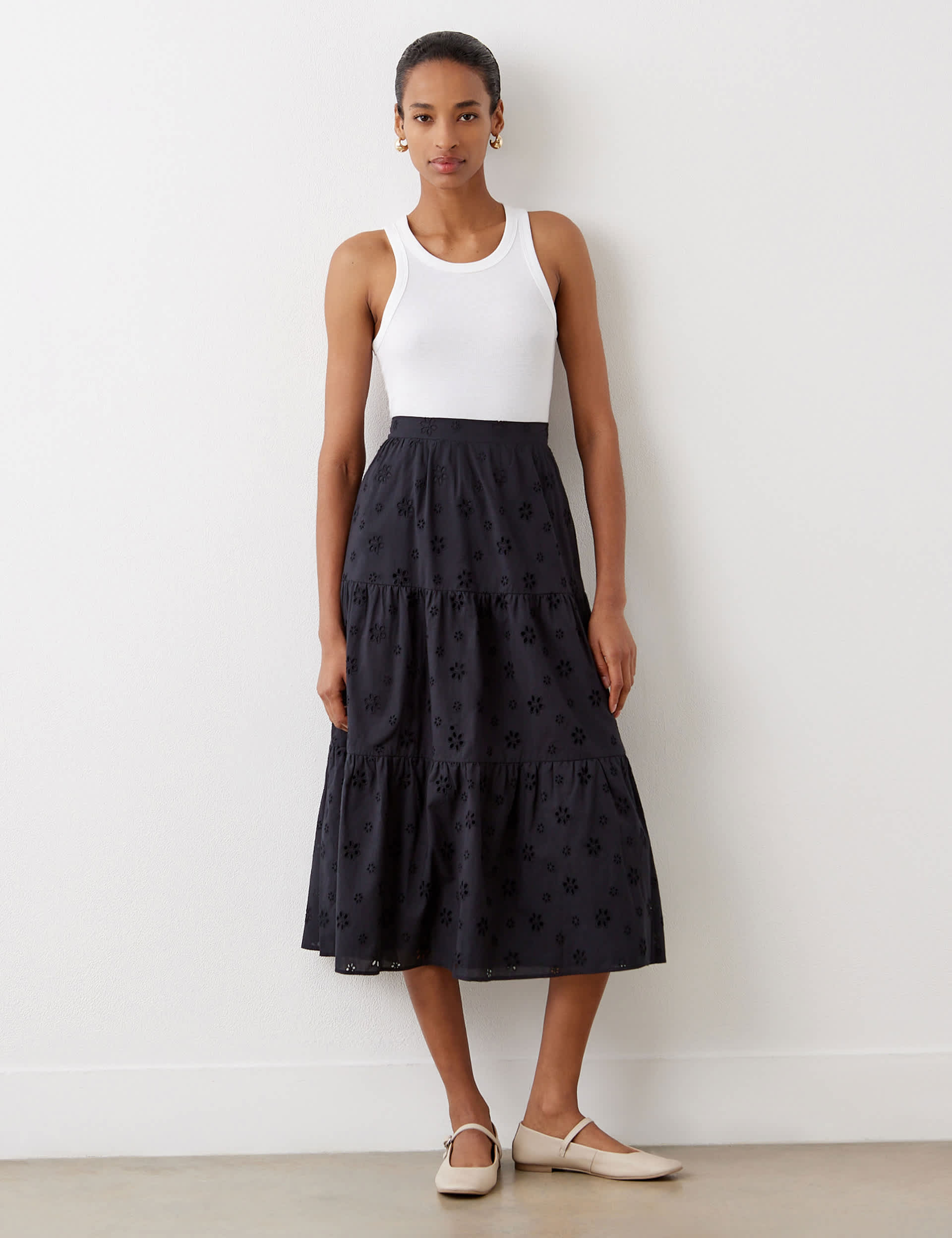 Finery London Women's Pure Cotton Broderie Midi Tiered Skirt - 16 - Black, Black