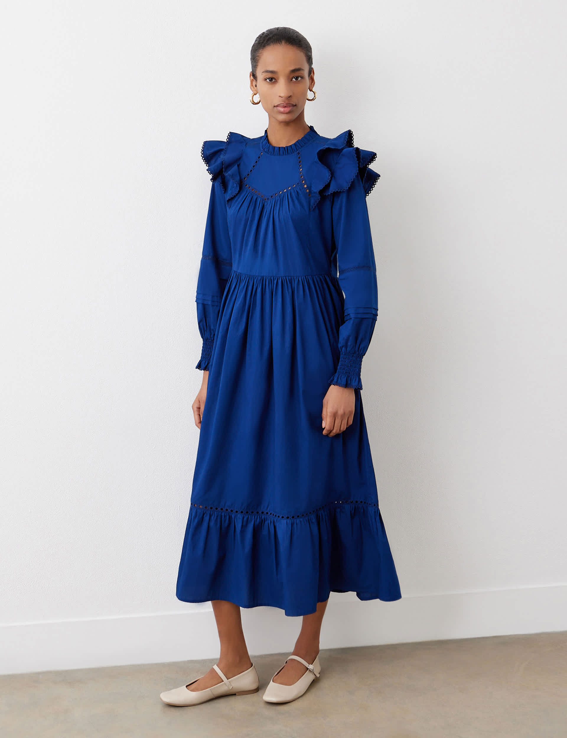 Finery London Women's Pure Cotton Ruffle Midi Tiered Dress - 18 - Indigo, Black,Green,Indigo