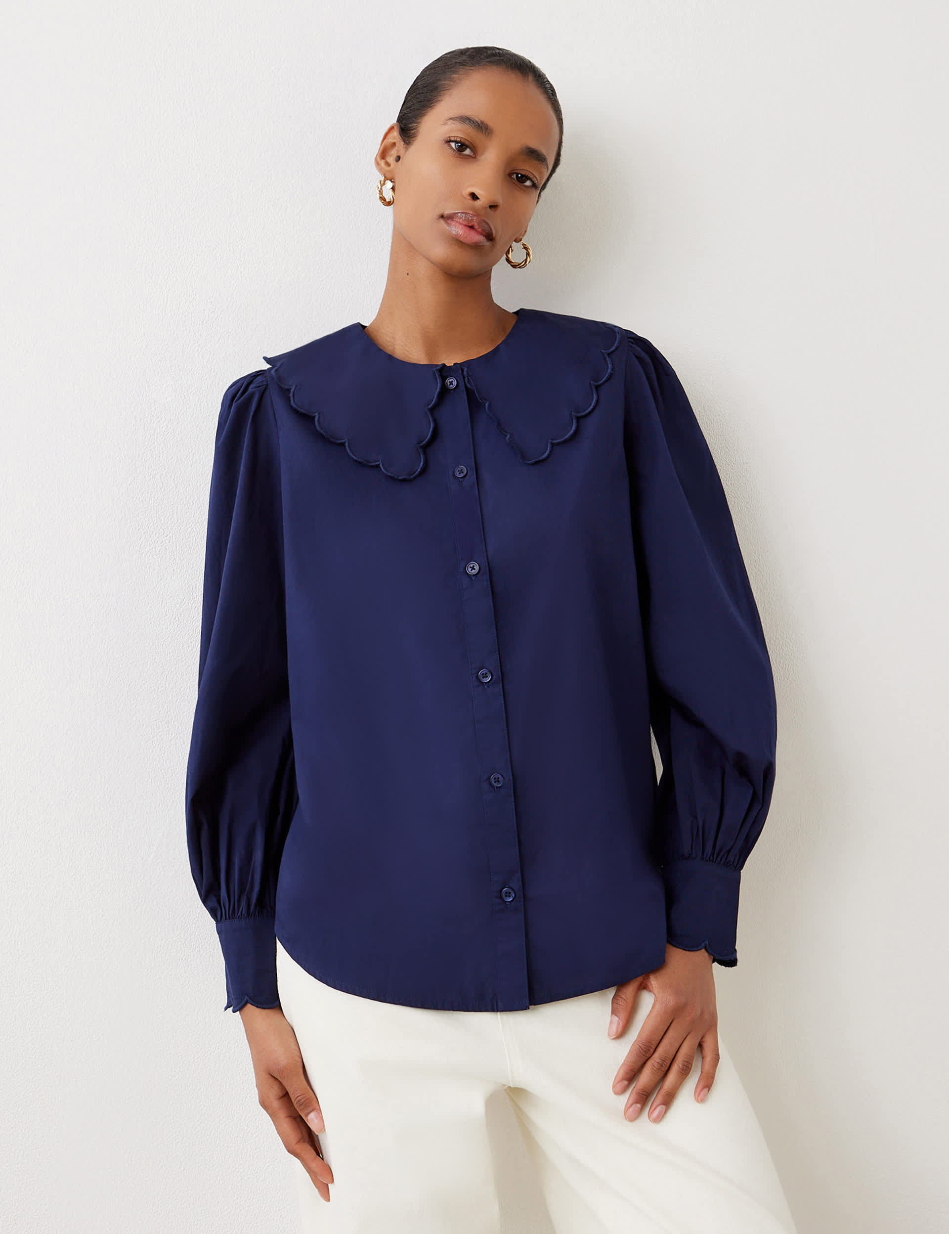 Finery London Women's Pure Cotton Peter Pan Collar Shirt - 14 - Navy, Navy,White