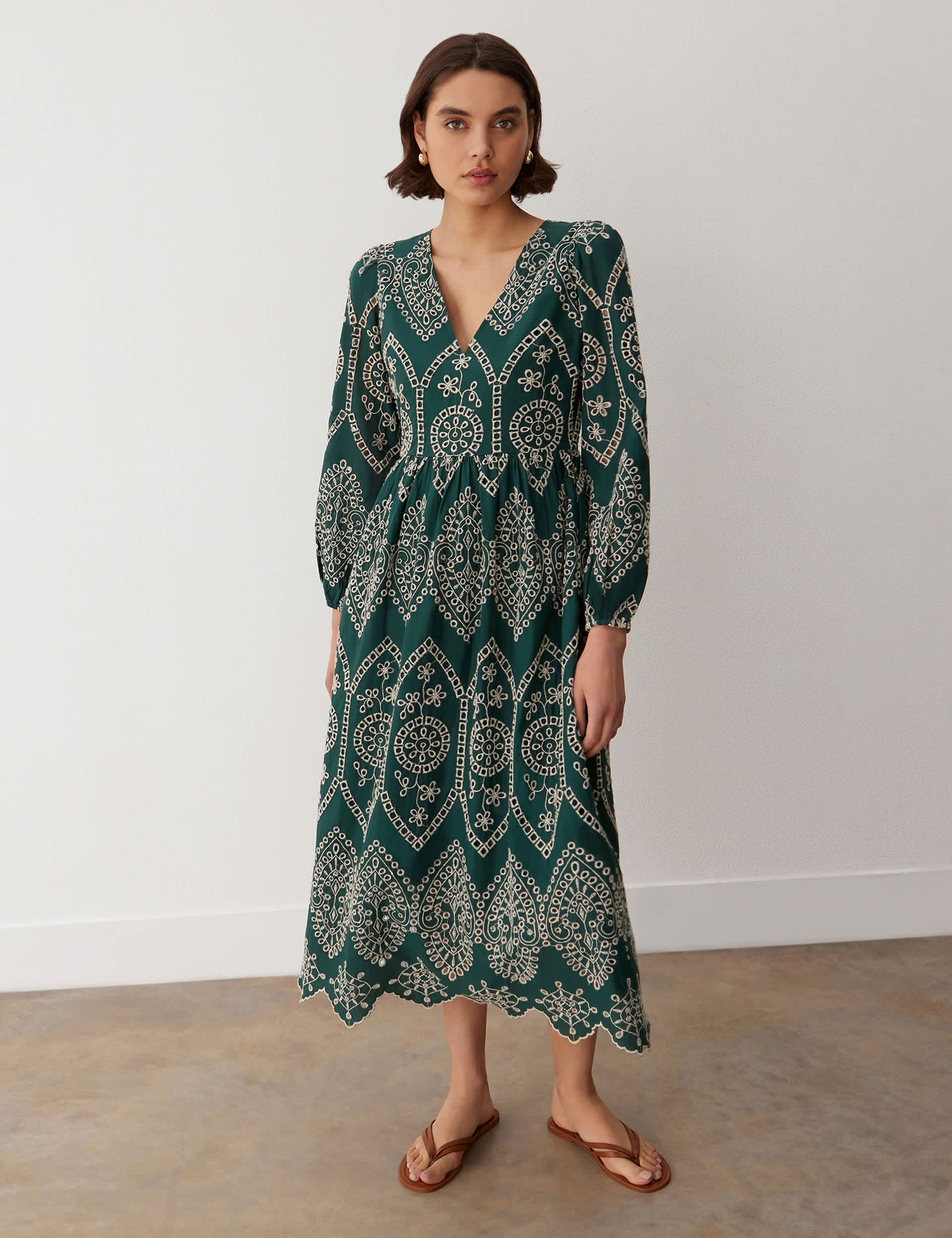 Finery London Women's Pure Cotton Embroidered V-Neck Midi Dress - 10 - Green, Green