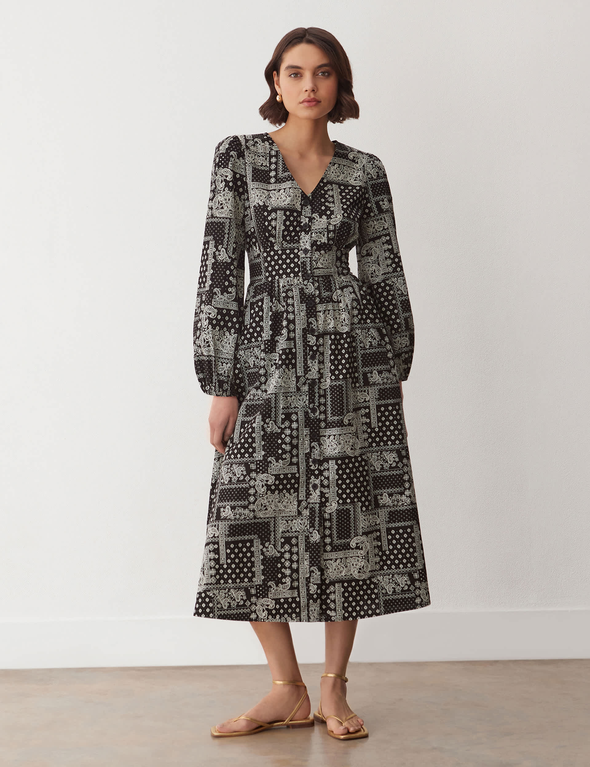 Finery London Women's Pure Cotton Printed V-Neck Midi Dress - 12 - Black Mix, Green Mix,Black Mix