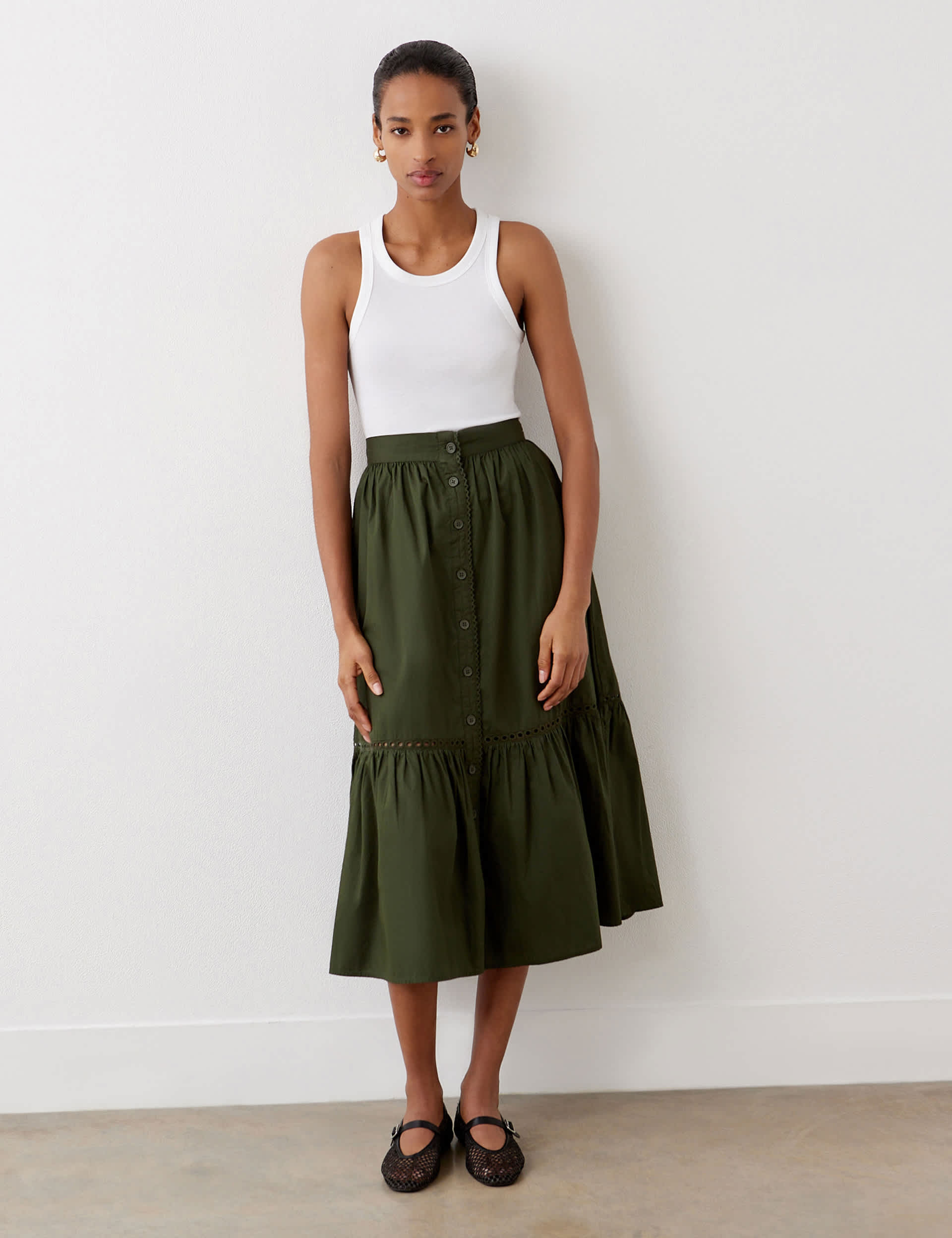 Finery London Women's Pure Cotton Button Front Midi Tiered Skirt - 16 - Green, Burgundy,Green,Black