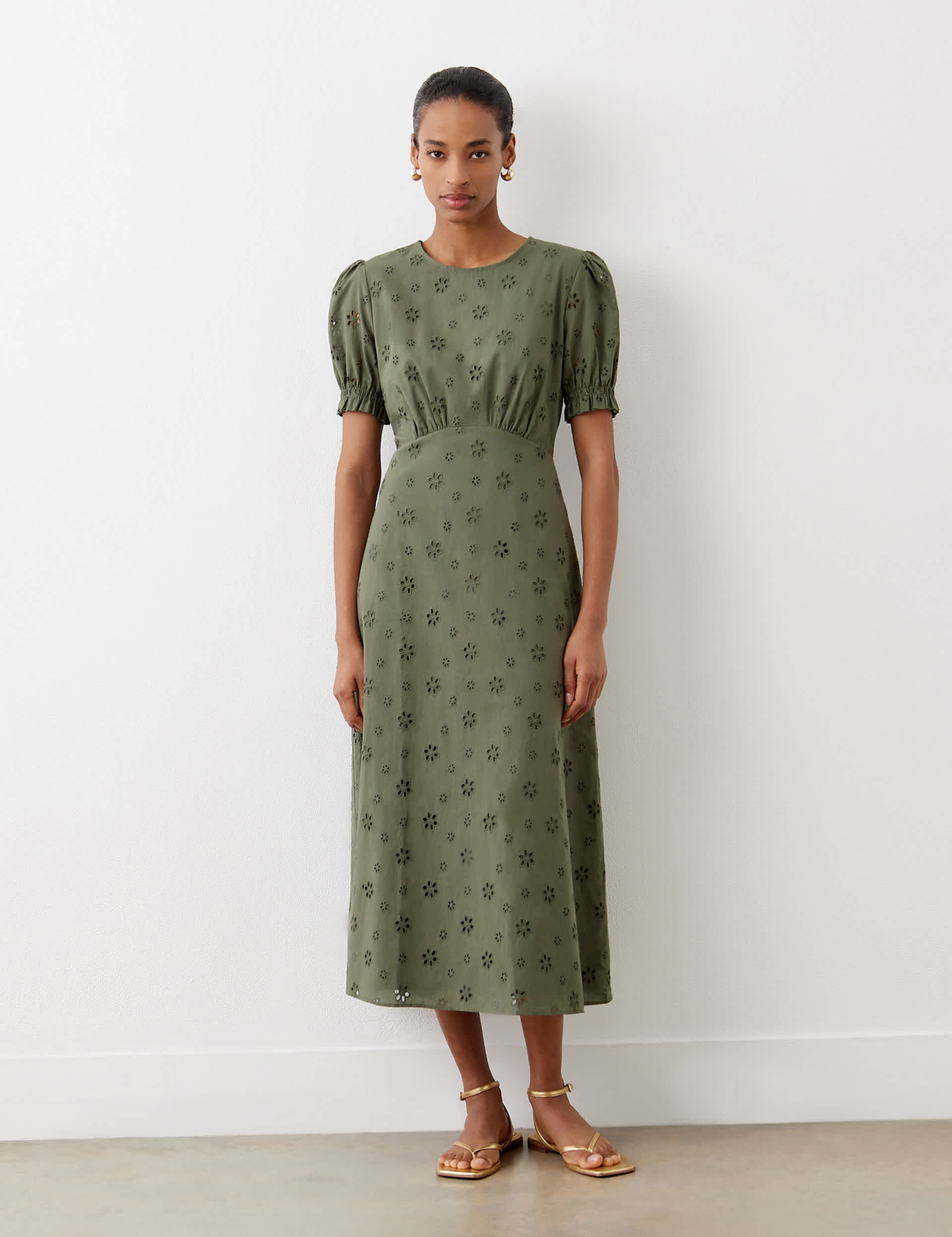 Finery London Women's Pure Cotton Broderie Crew Neck Midi Tea Dress