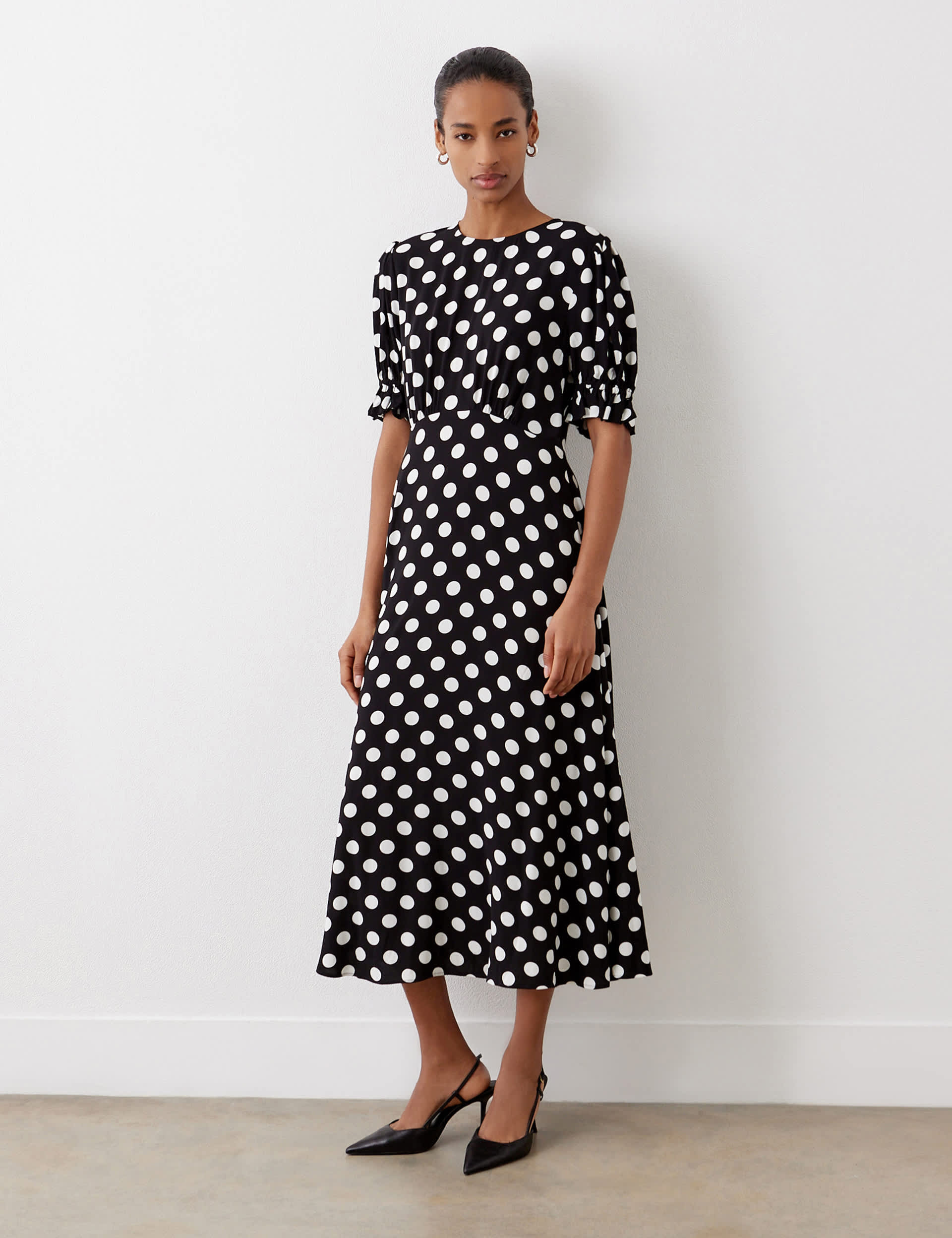 Finery London Women's Polka Dot Puff Sleeve Midi Waisted Dress - 10 - Black Mix, Black Mix,Green Mix