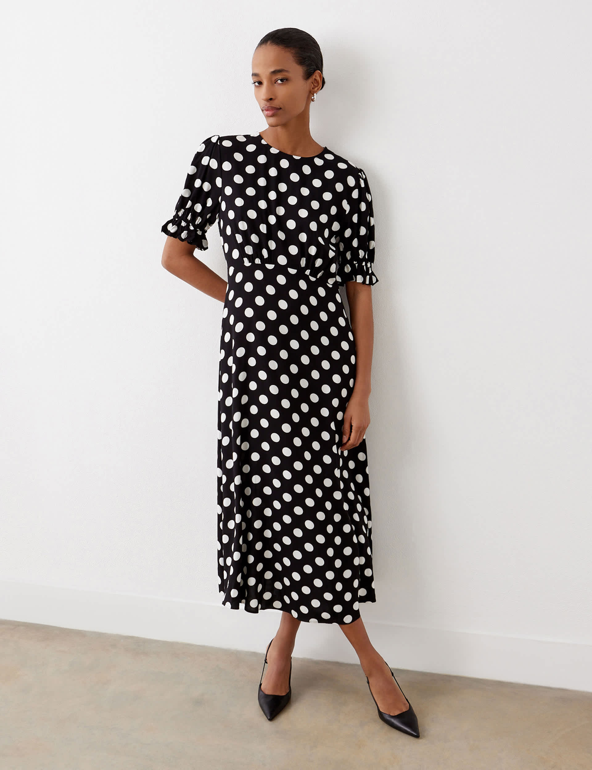 Finery London Women's Polka Dot Puff Sleeve Midi Waisted Dress - 10 - Black Mix, Black Mix