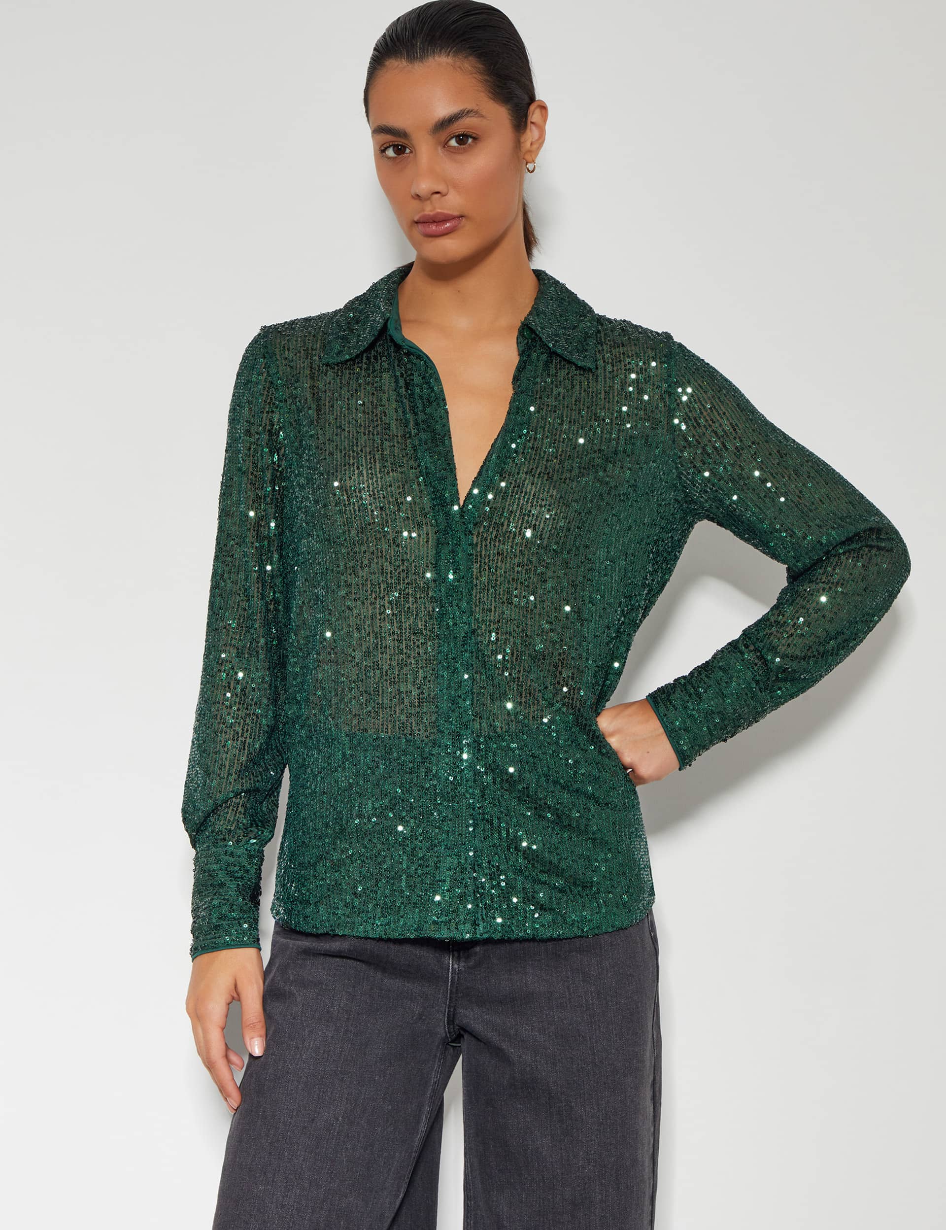 Monsoon Women's Sequin Shirt - L - Green, Green