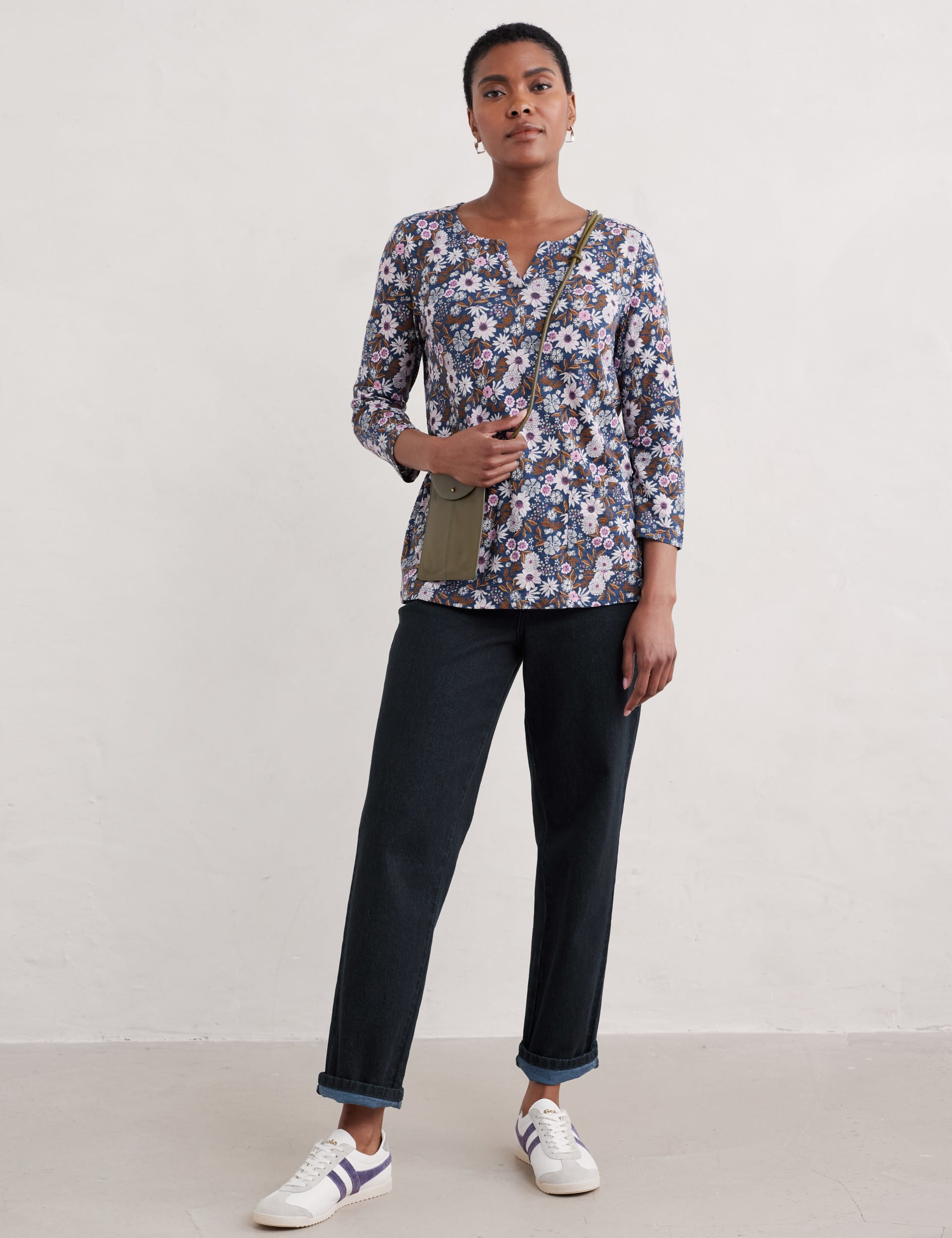 Seasalt Cornwall Women's Pure Cotton Jersey Floral Notch Neck Top - 14 - Navy Mix, Navy Mix