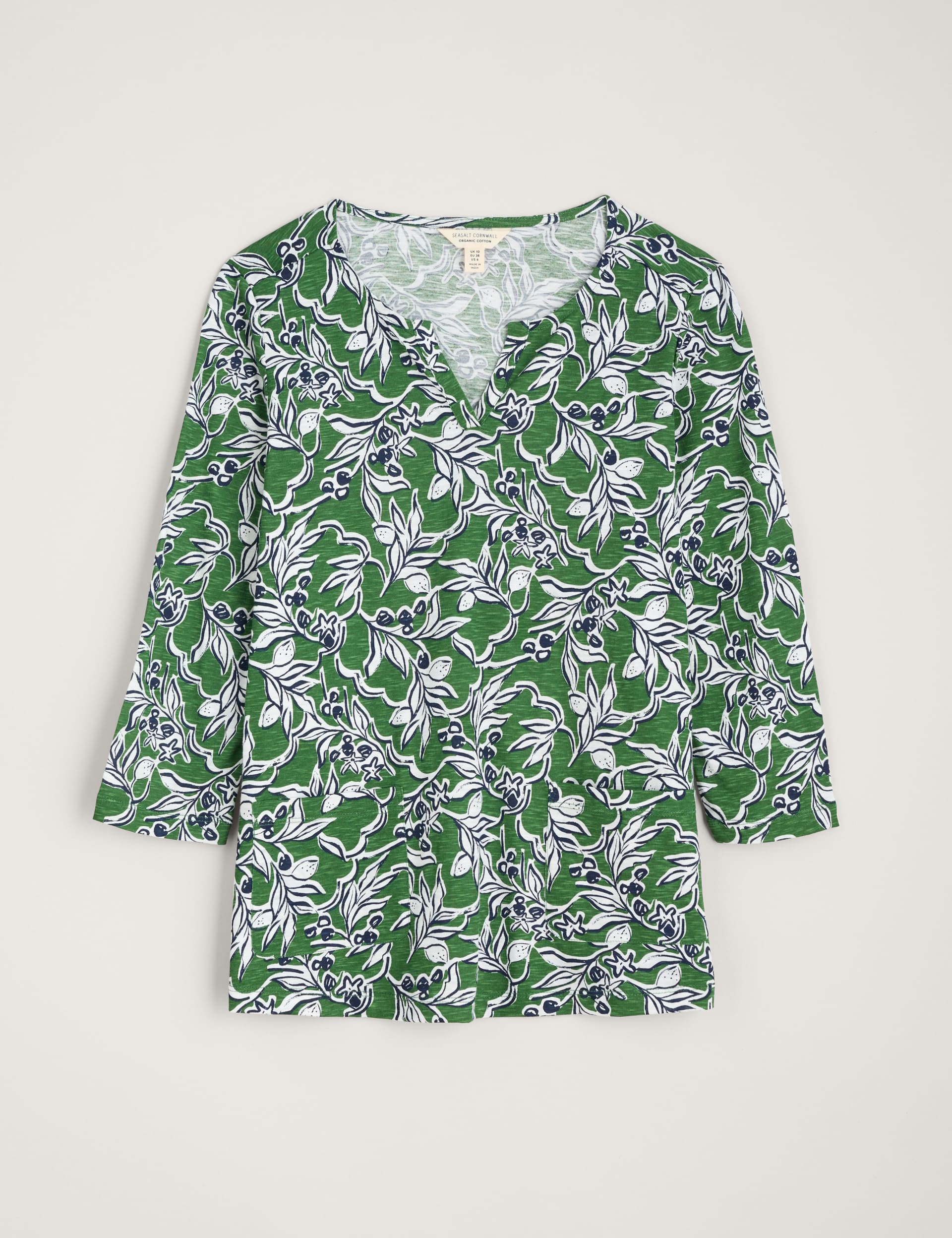 Seasalt Cornwall Women's Pure Cotton Floral Notch Neck Top - 8 - Green Mix, Green Mix