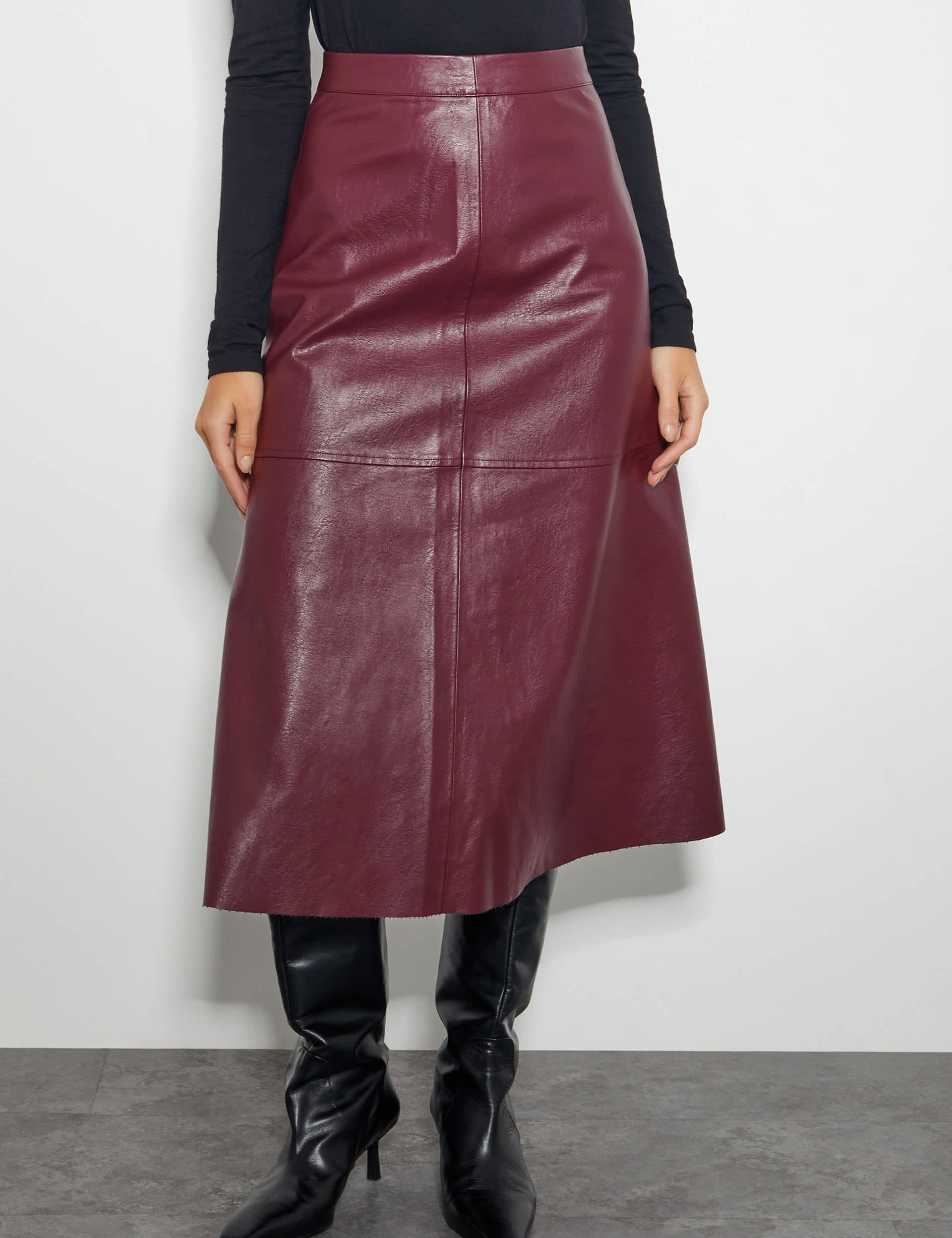 Monsoon Women's Leather Look Midi A-Line Skirt - 24 - Burgundy, Burgundy