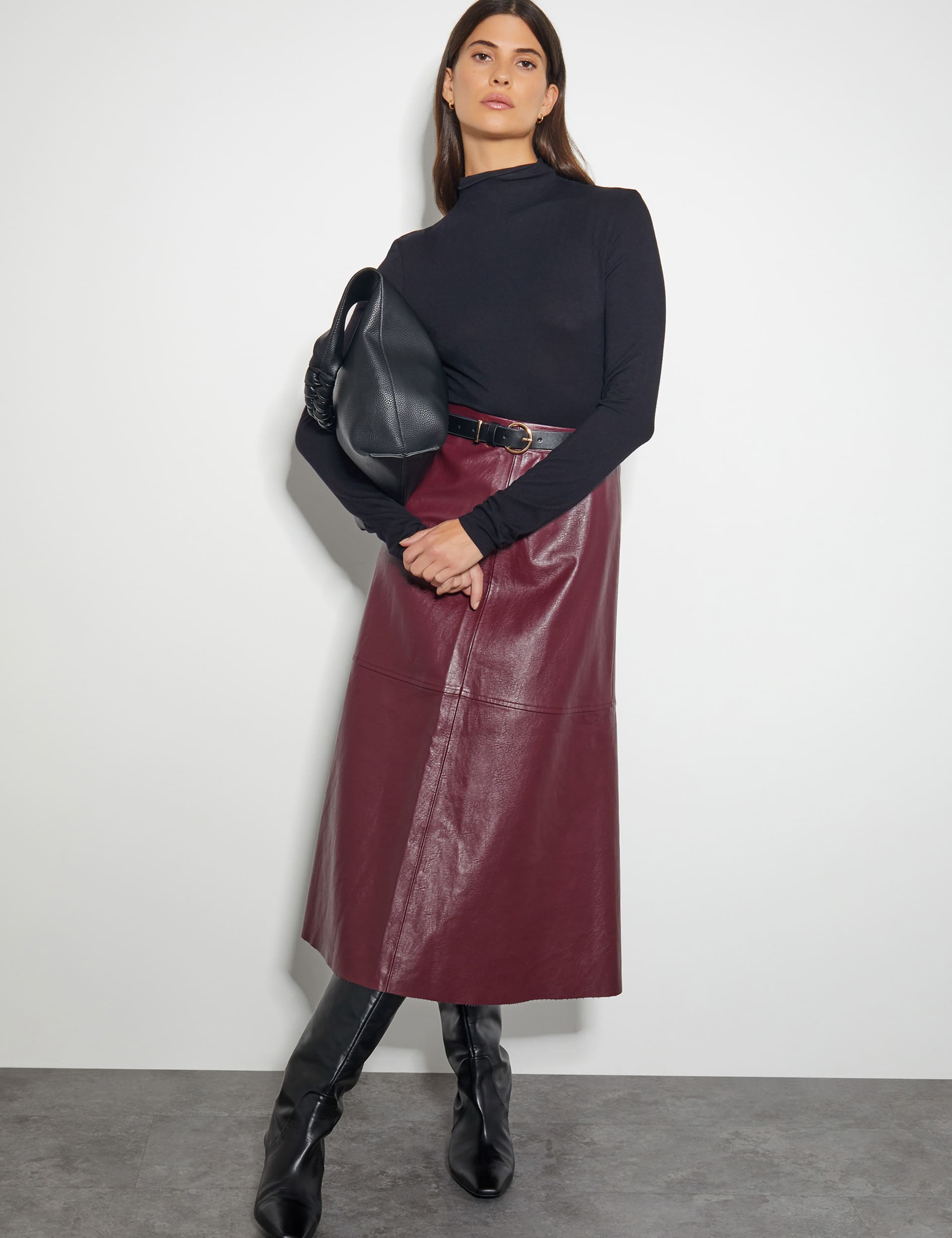 Monsoon Women's Leather Look Midi A-Line Skirt - 20 - Burgundy, Burgundy