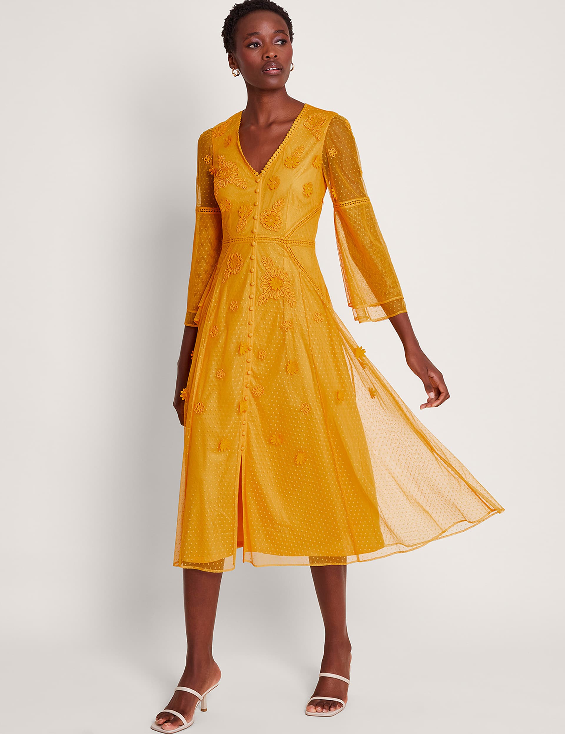 Monsoon Women's Embroidered V-Neck Midi Tea Dress - 8 - Yellow, Yellow