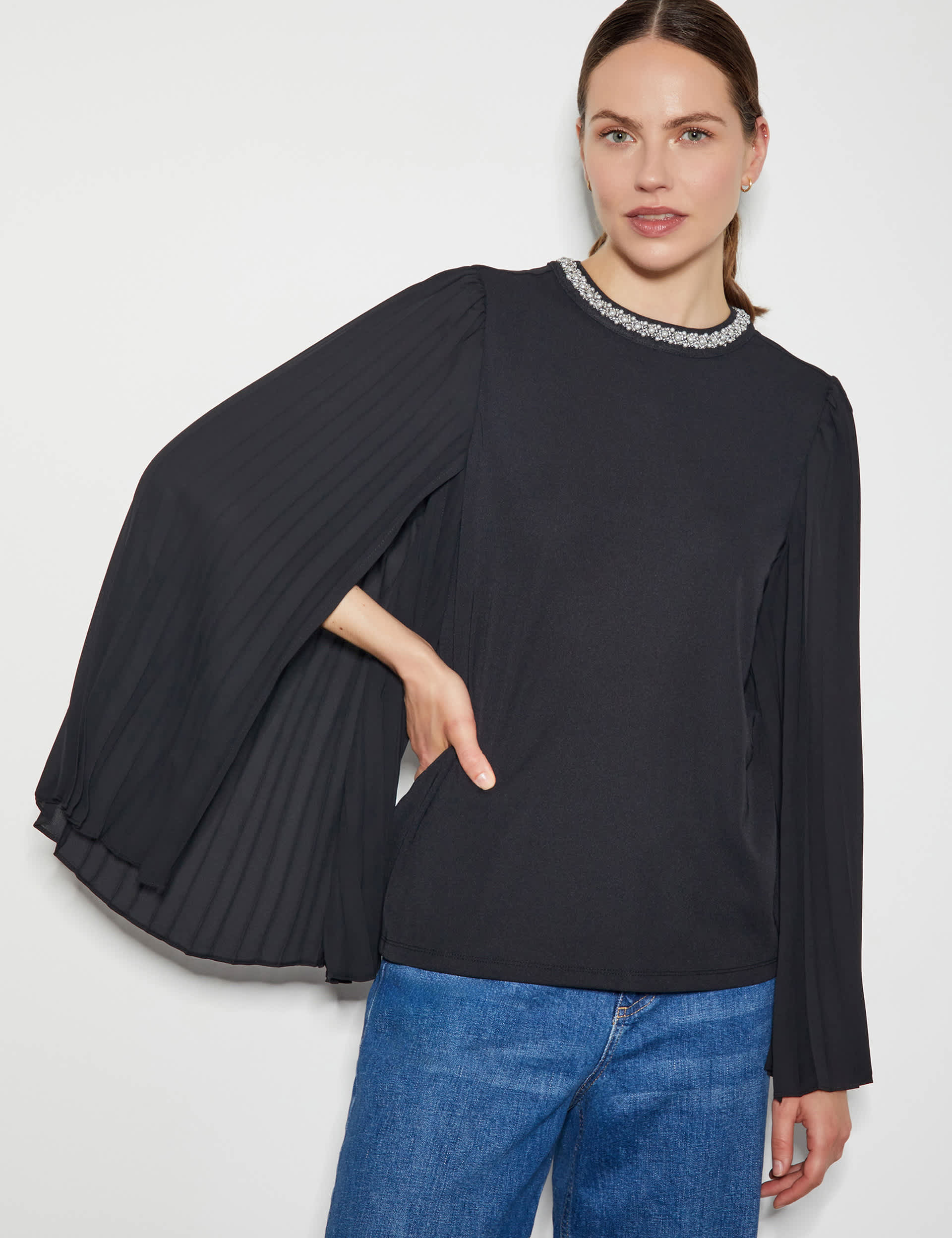 Monsoon Women's Jewel Cape Sleeve Top - XL - Black, Black